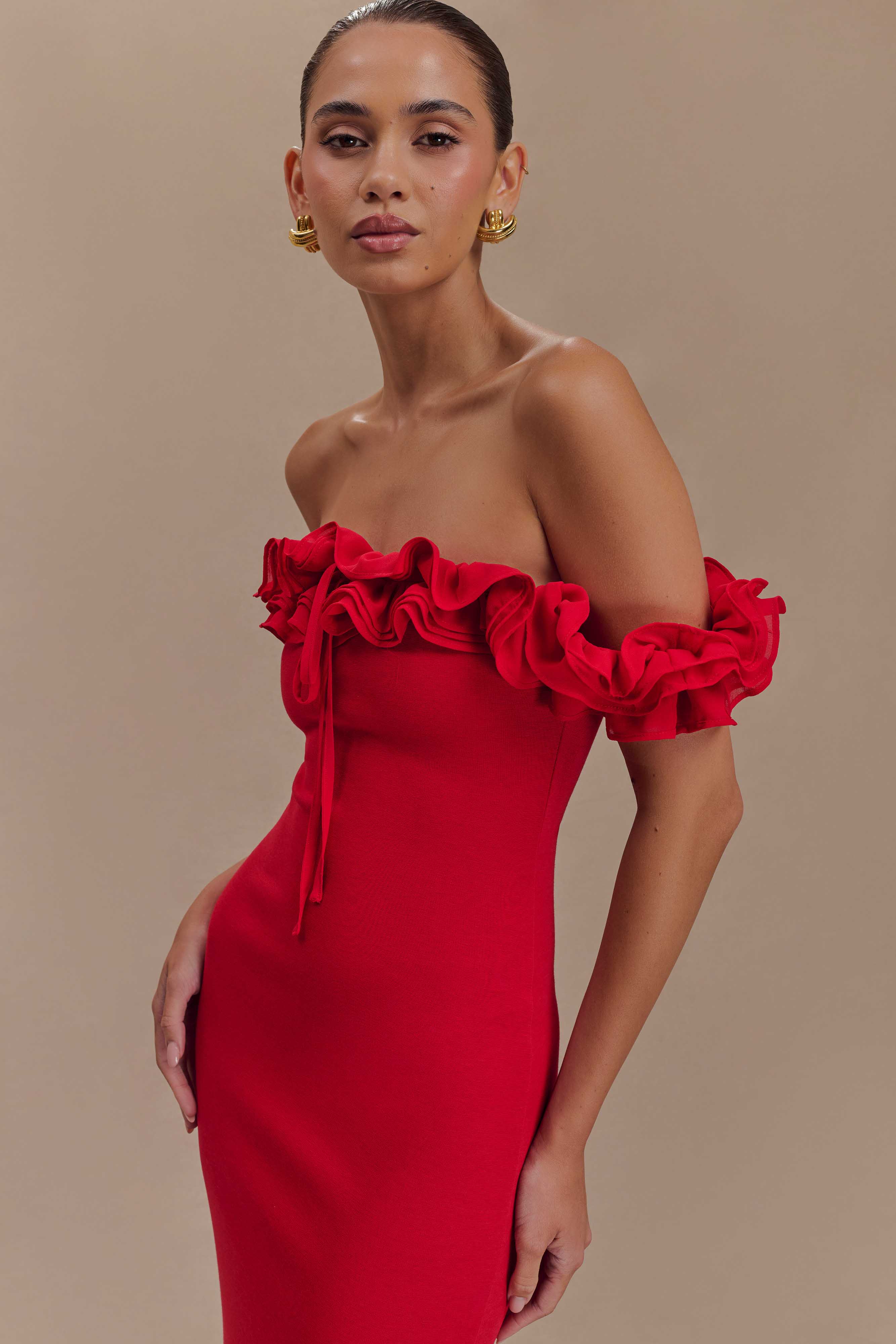 Nova Ruffle Off Shoulder Maxi Dress Ruby