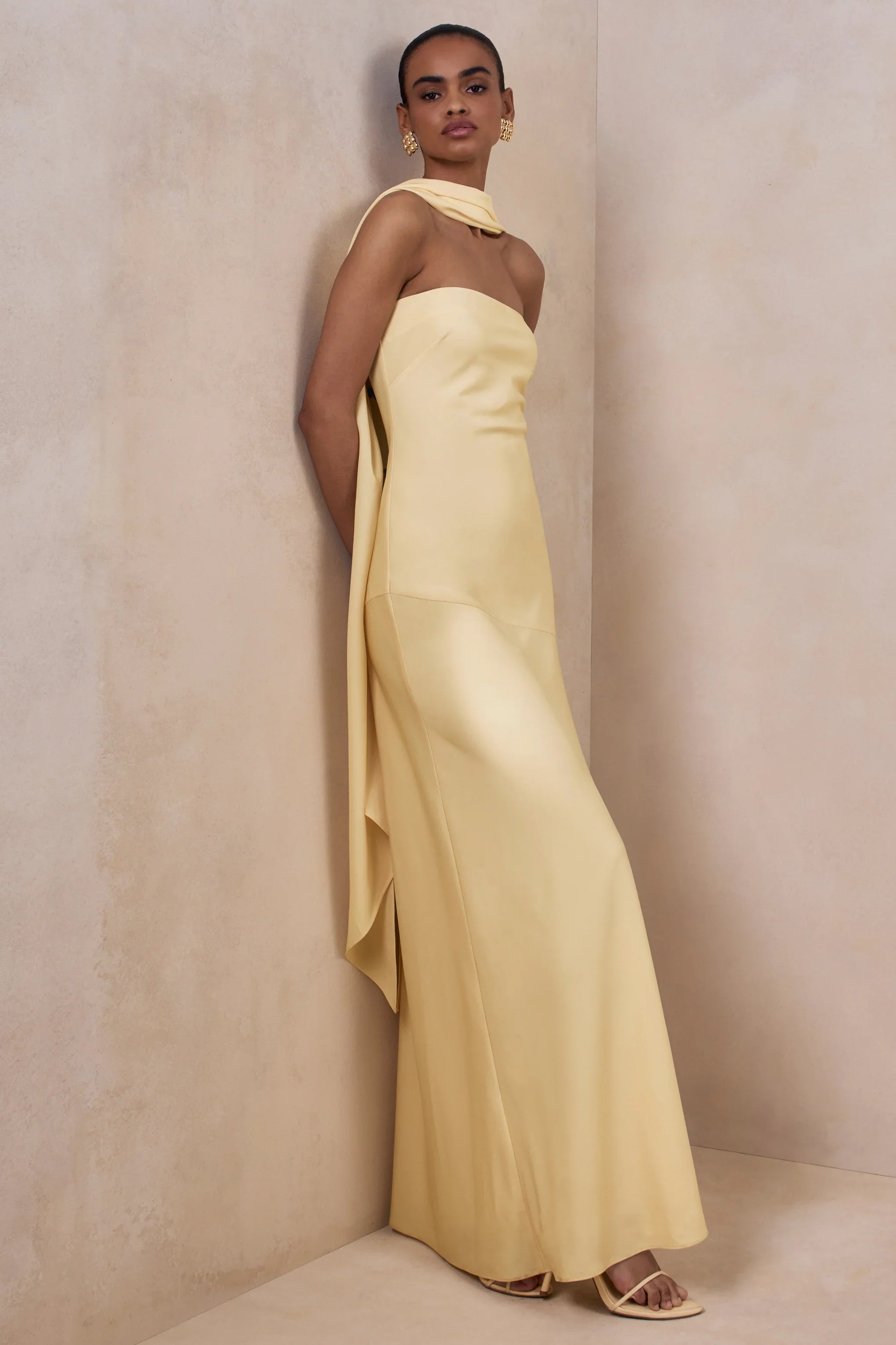 Charly Lemon Matte Satin Bandeau Maxi Dress With Scarf Detail
