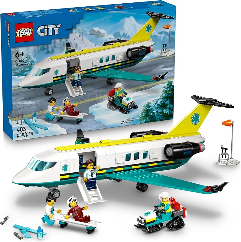 LEGO City Emergency Air Ambulance Airplane Building Toy for Kids Pretend Play Rescue Airplane Model for Boys Girls Ages 6 Building Blocks W Hero Minifigures Gift Idea for Birthdays 60465