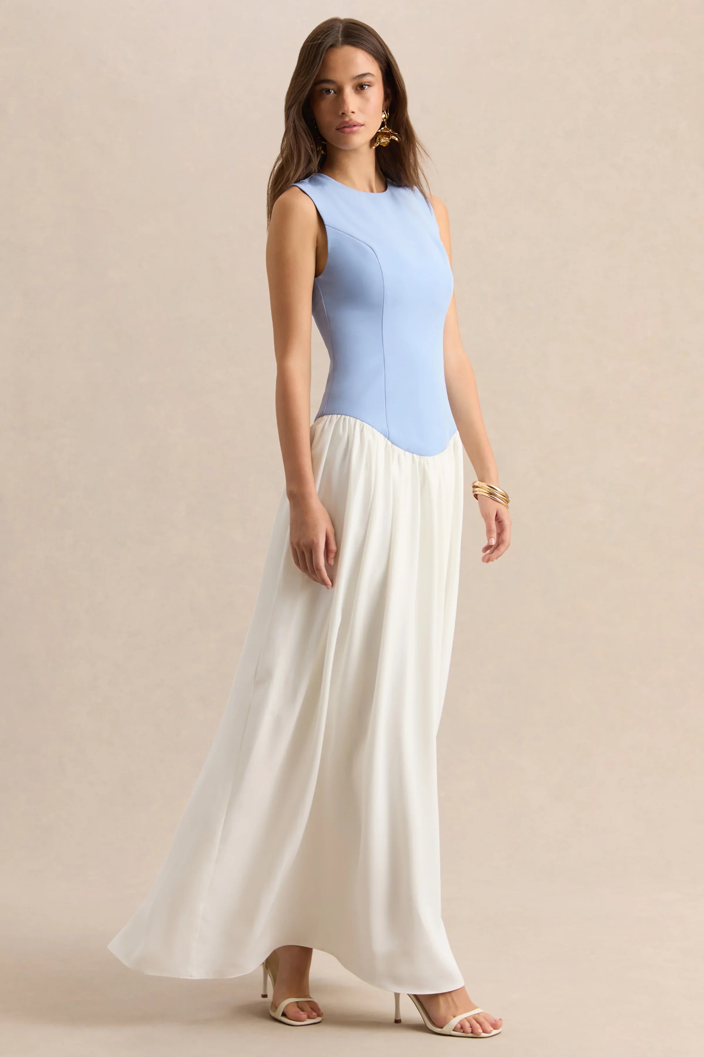 Iliana Powder Blue And White Crew Neck Maxi Dress With Drop Waist And Pleated Skirt