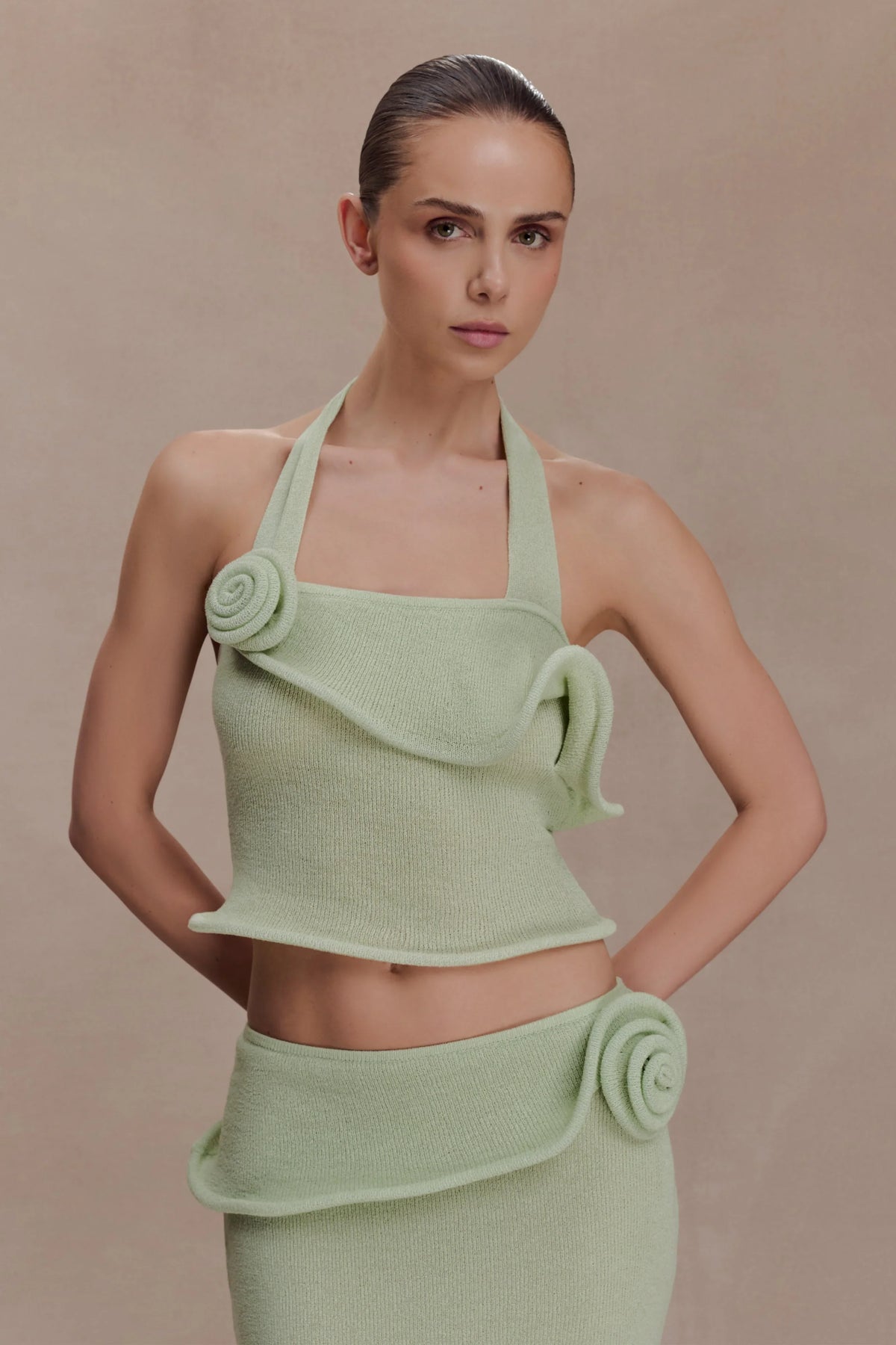 Samira Halter Knit Twist Top Pastel Green