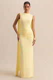 Premiere Lemon Boat Neck Maxi Dress With Cape Sleeves And Open Back