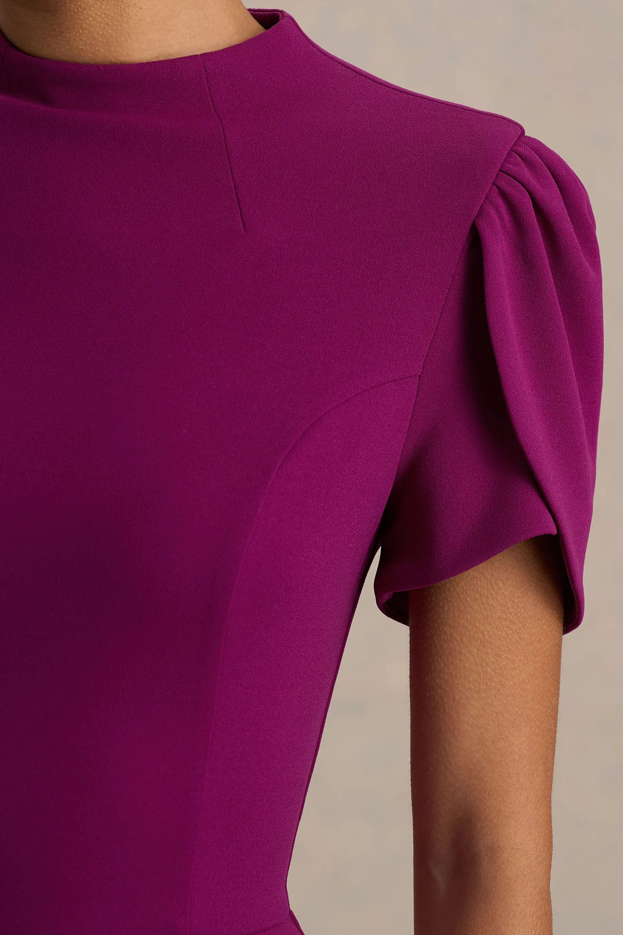 Vicky Mulberry High Neck Midi Dress With Puff Sleeves