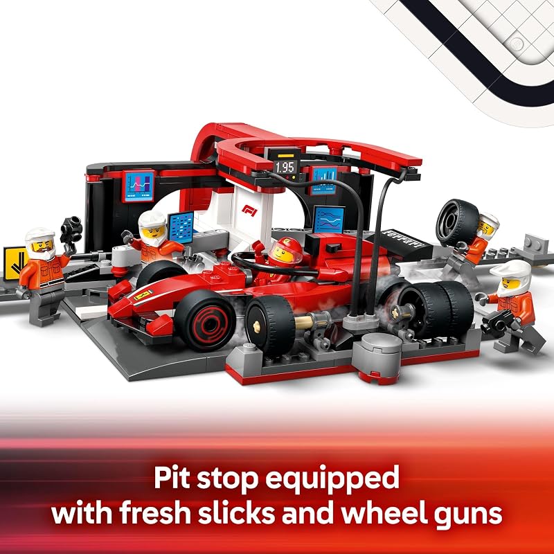 LEGO City F1 Pit Stop Pit Crew with Ferrari Car Toy Model Race Car Toy Building Playset for Kids Boys and Girls Ages 6 F1 Collectible for Fans Gift Idea for Birthdays 60443