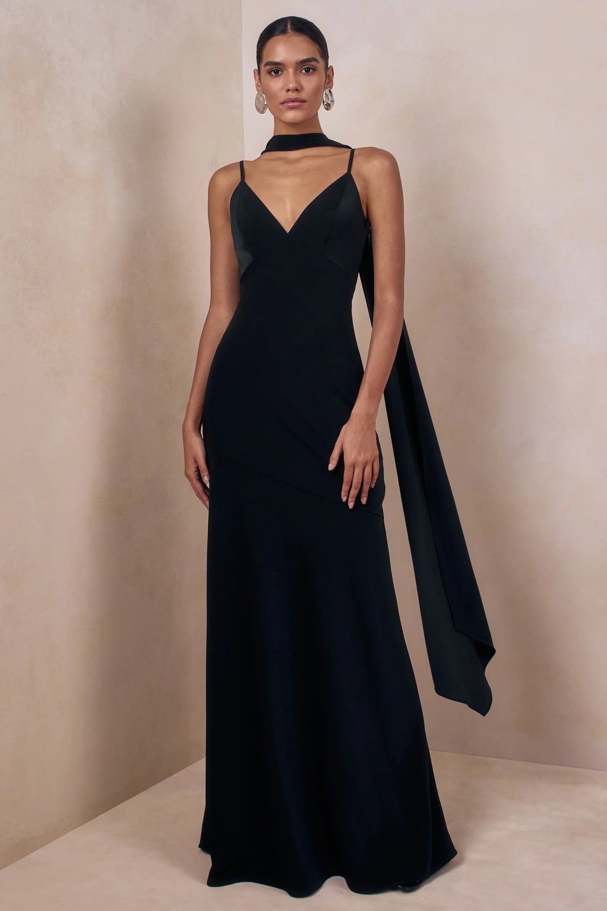 Starling Black Matte Satin Plunge Neck Maxi Dress With Scarf Detail