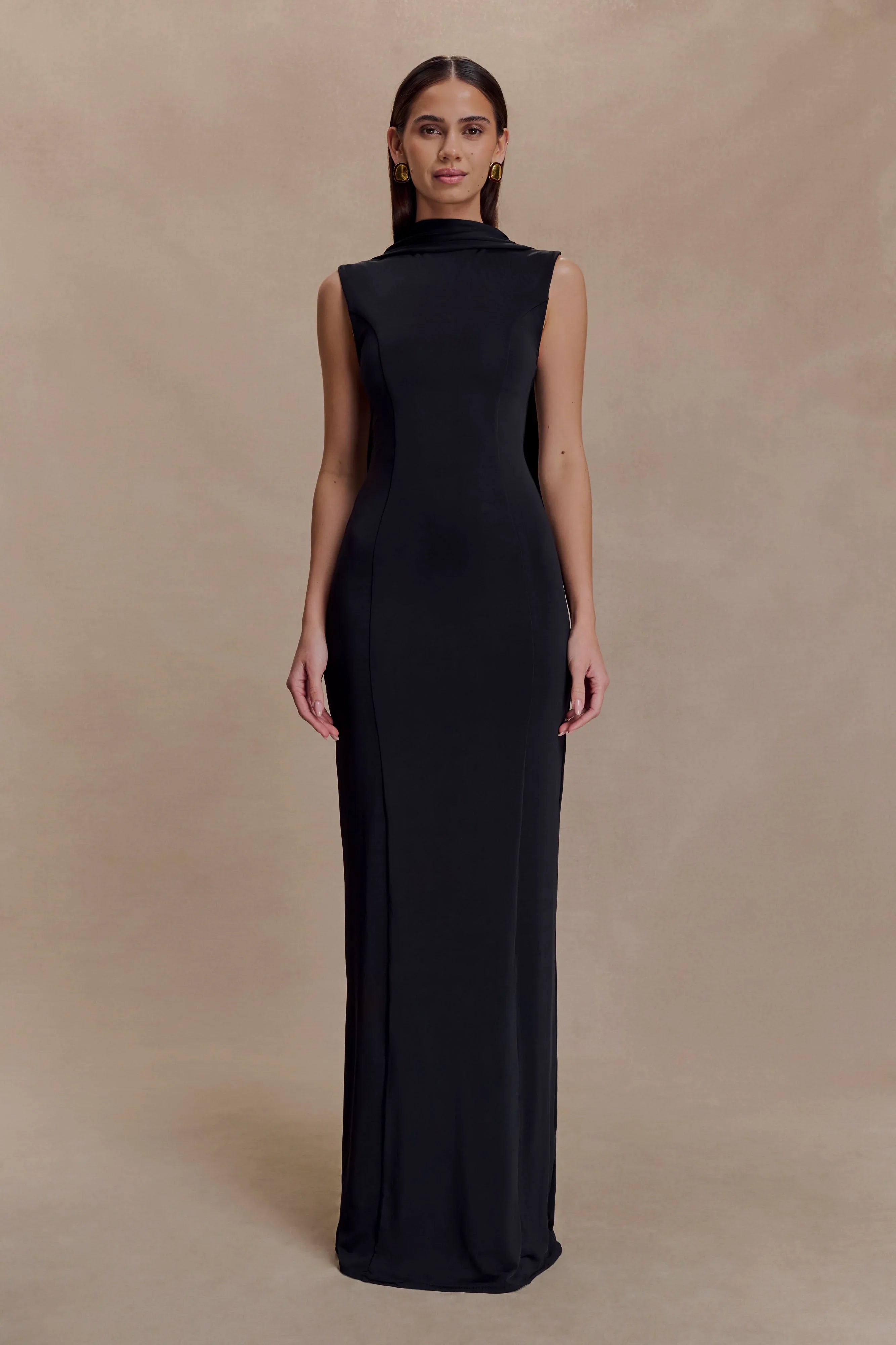 Wisteria Slinky Maxi Dress With Scarf Black