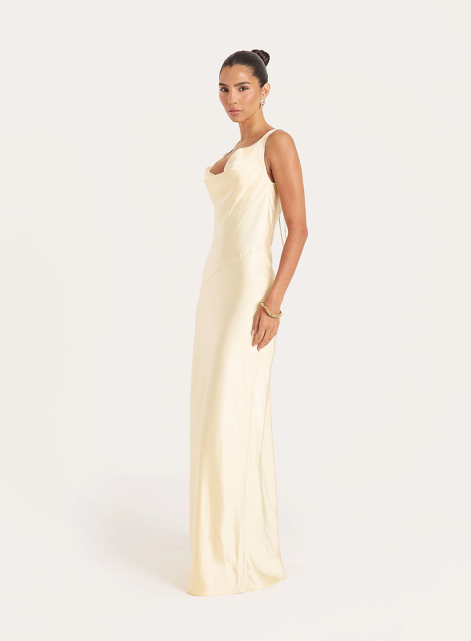 Yellow Satin Backless Lace Trim Maxi Dress