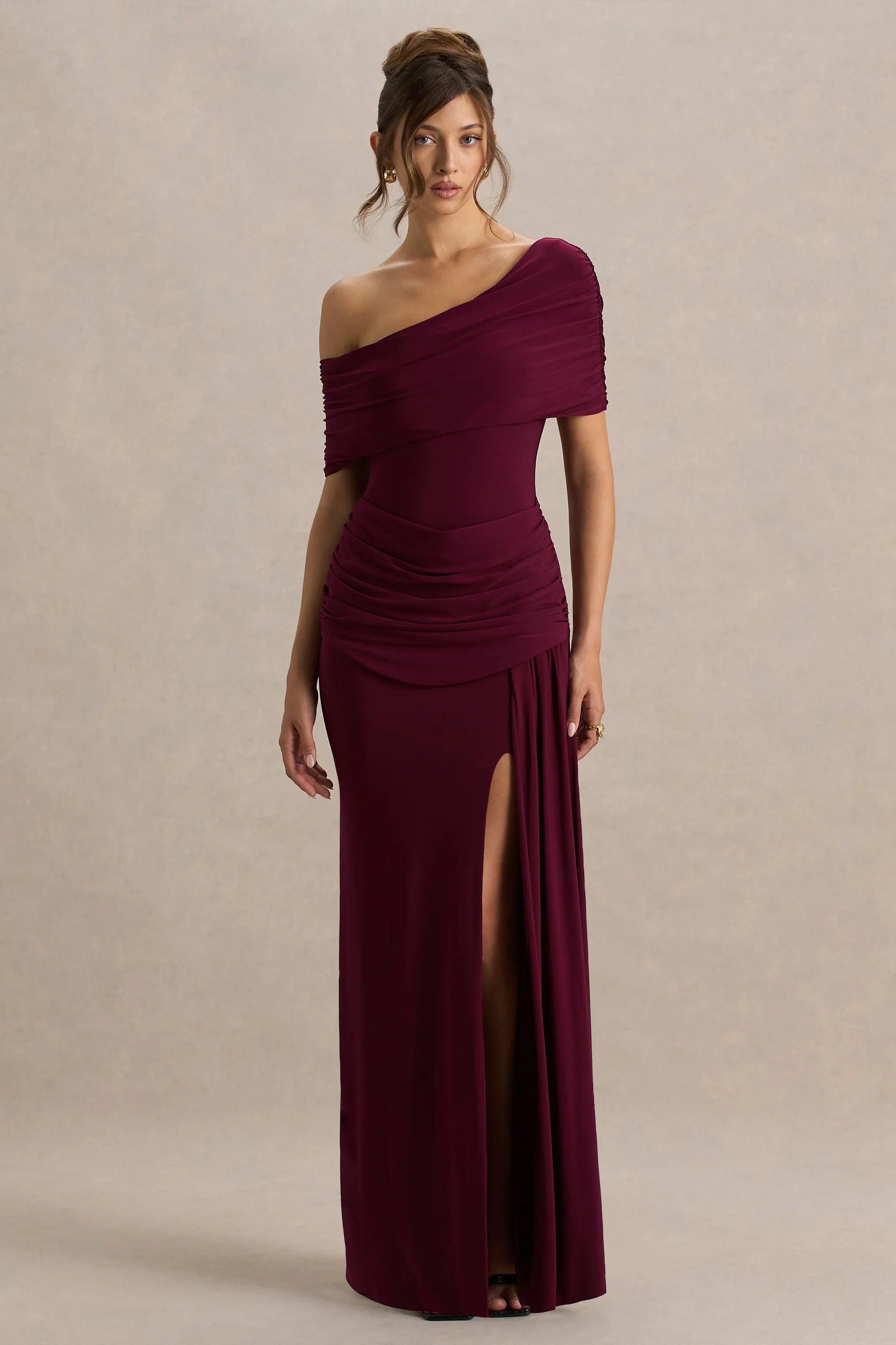 Dynasty Burgundy Asymmetric Neck Maxi Dress With Ruched Detailing And Front High Split