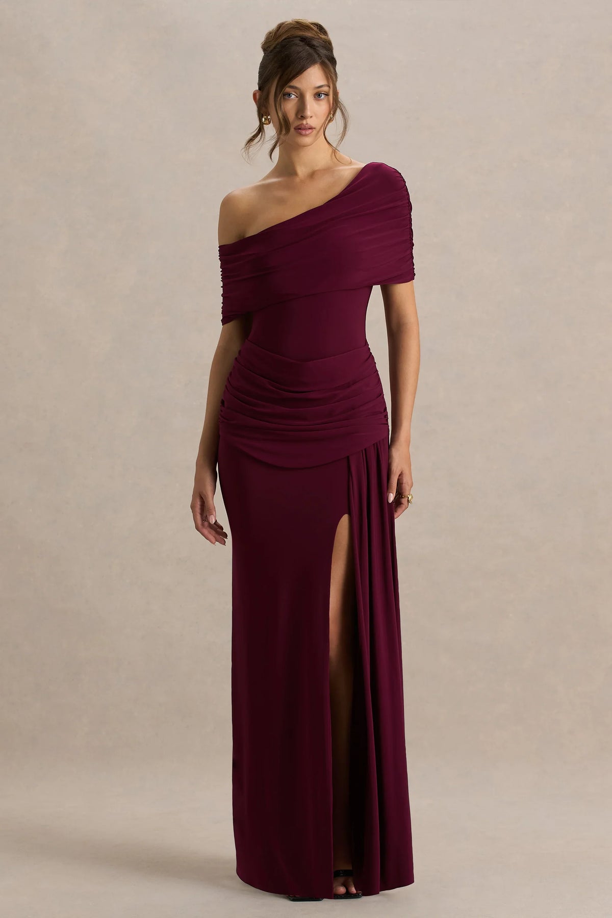 Dynasty Burgundy Asymmetric Neck Maxi Dress With Ruched Detailing And Front High Split