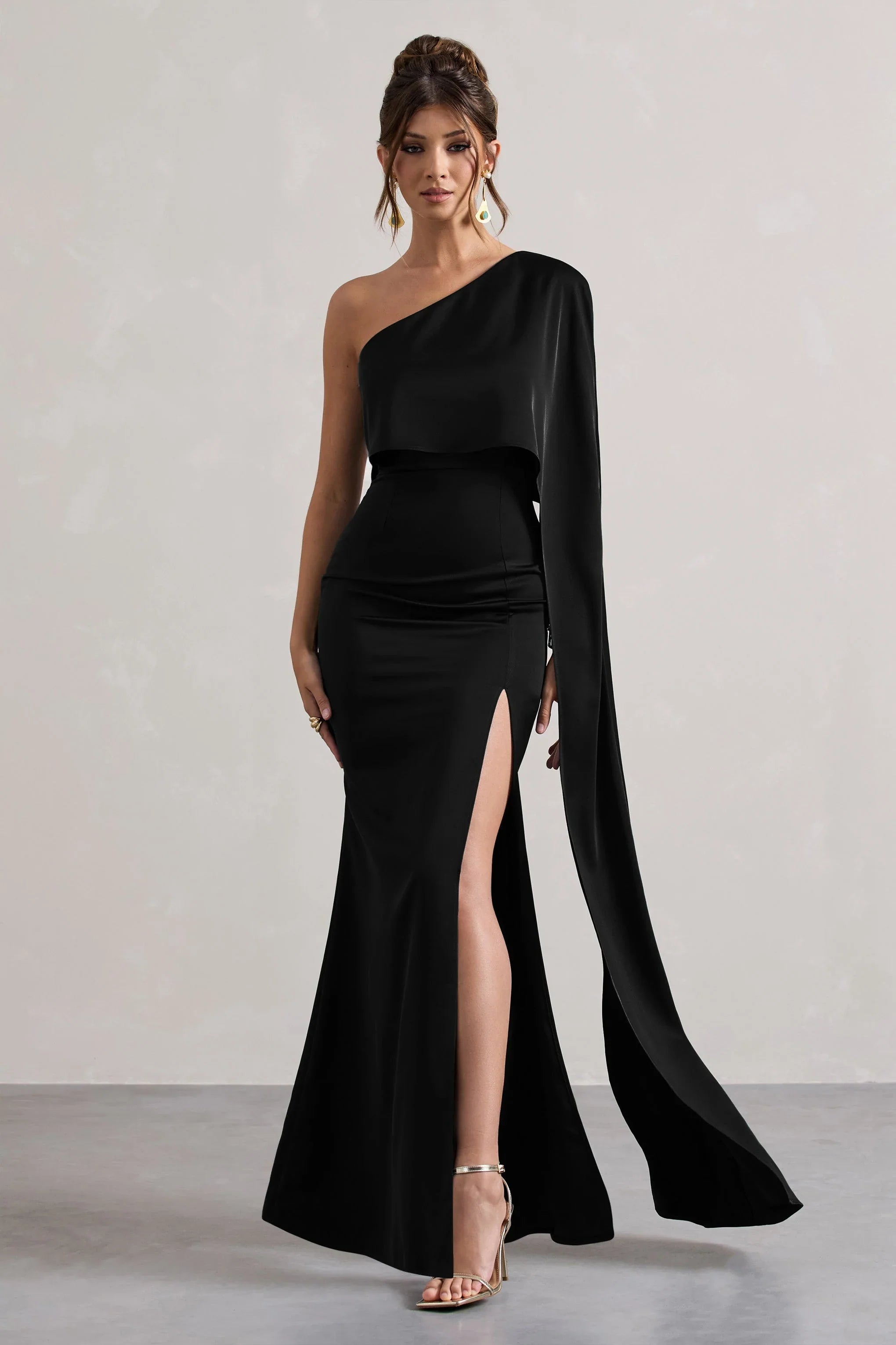 Amora Black Satin Asymmetric Cape Sleeve Split Maxi Dress