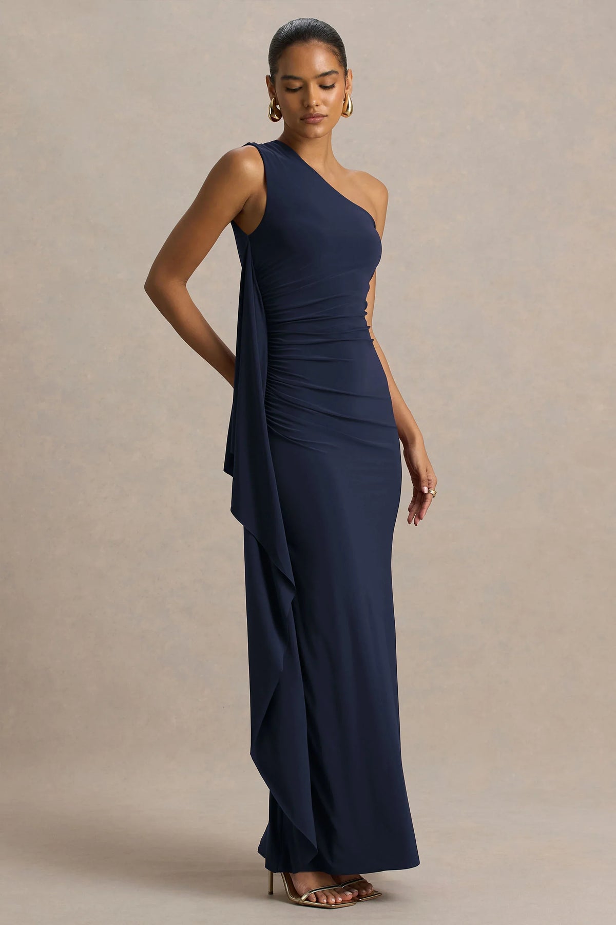 Adelina Navy One Shoulder Maxi Dress With Drape