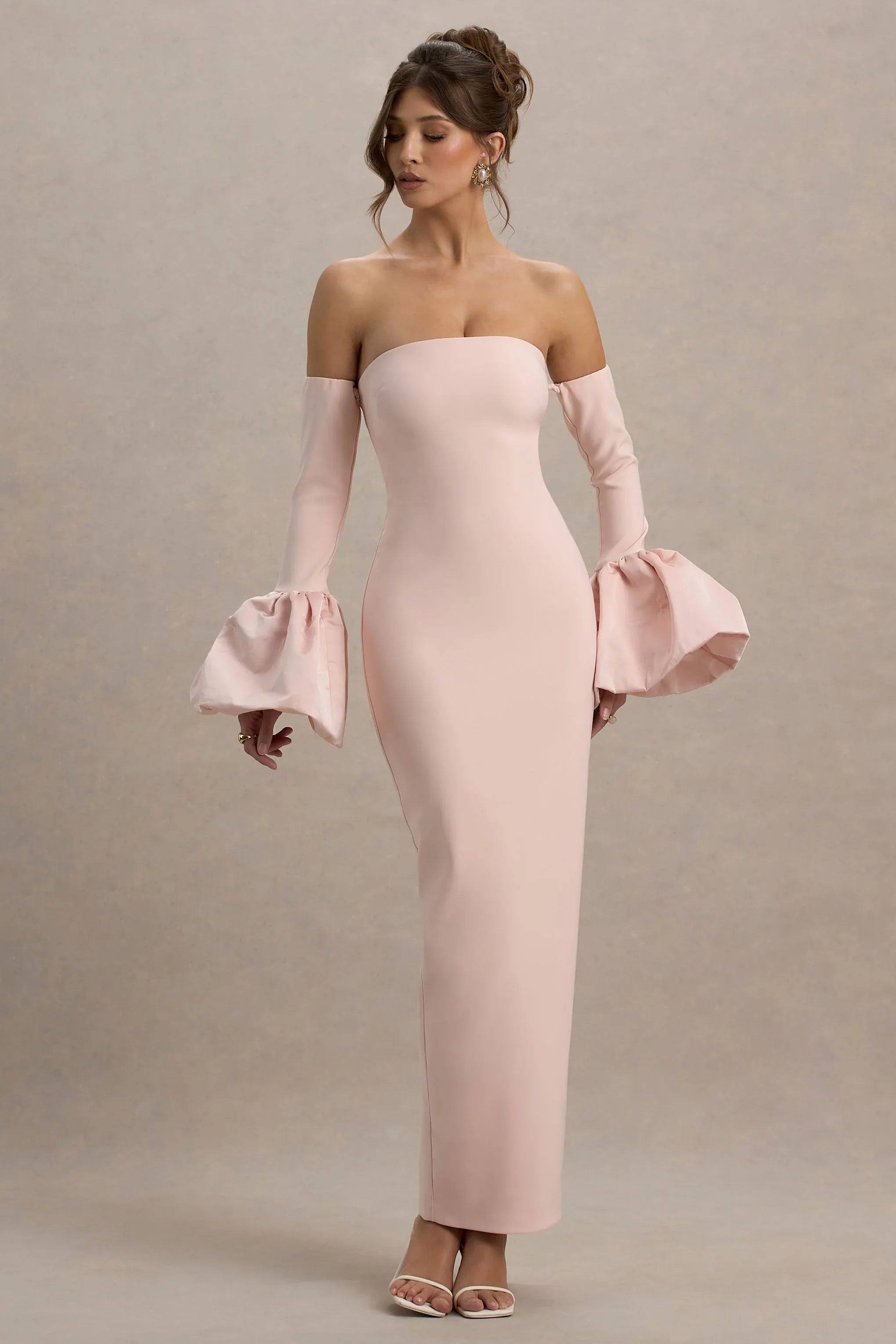 Myah Pink Bandeau Long Sleeve Maxi Dress With Puff Cuffs