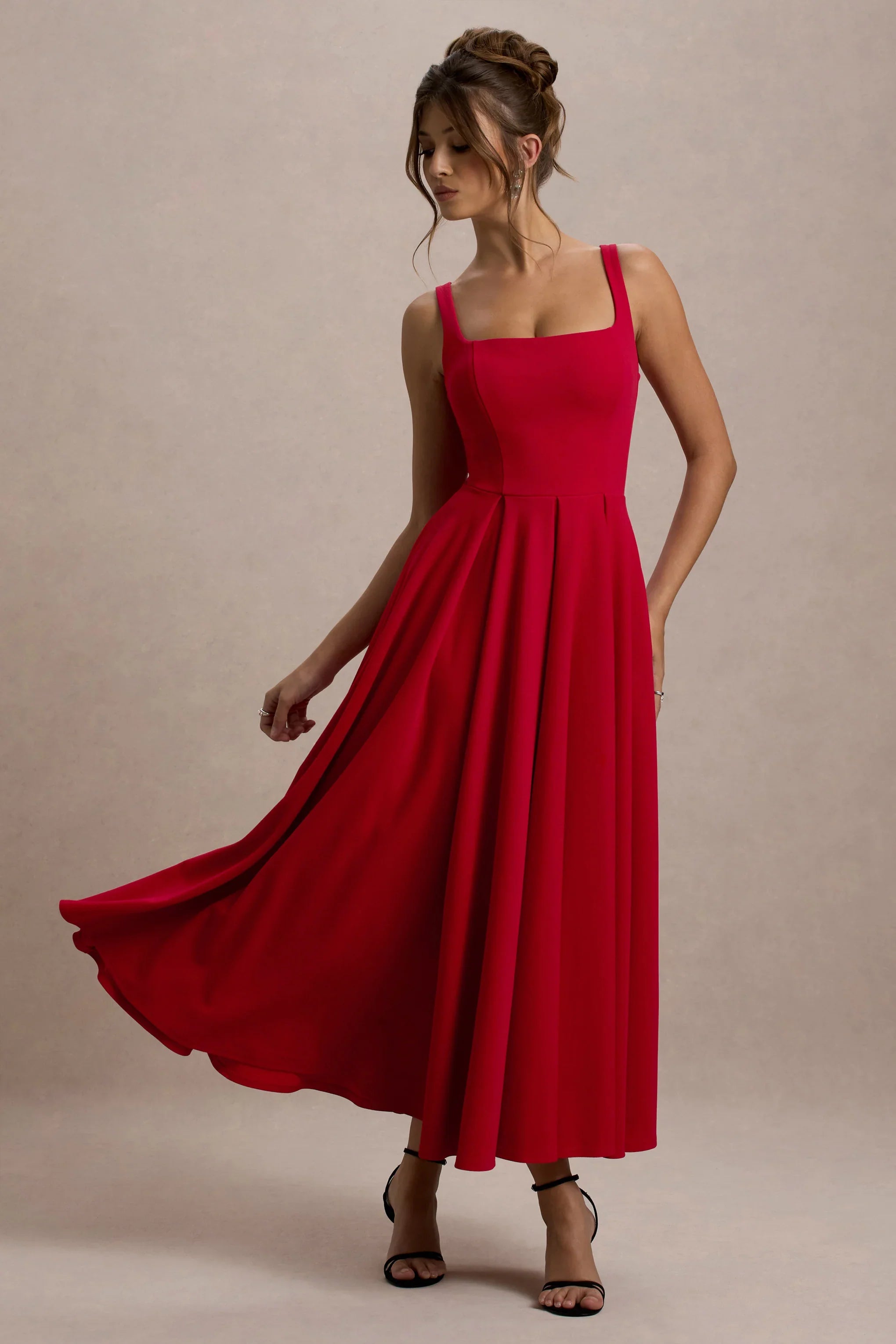 Parina Red Strappy Volume Hem Midi Dress