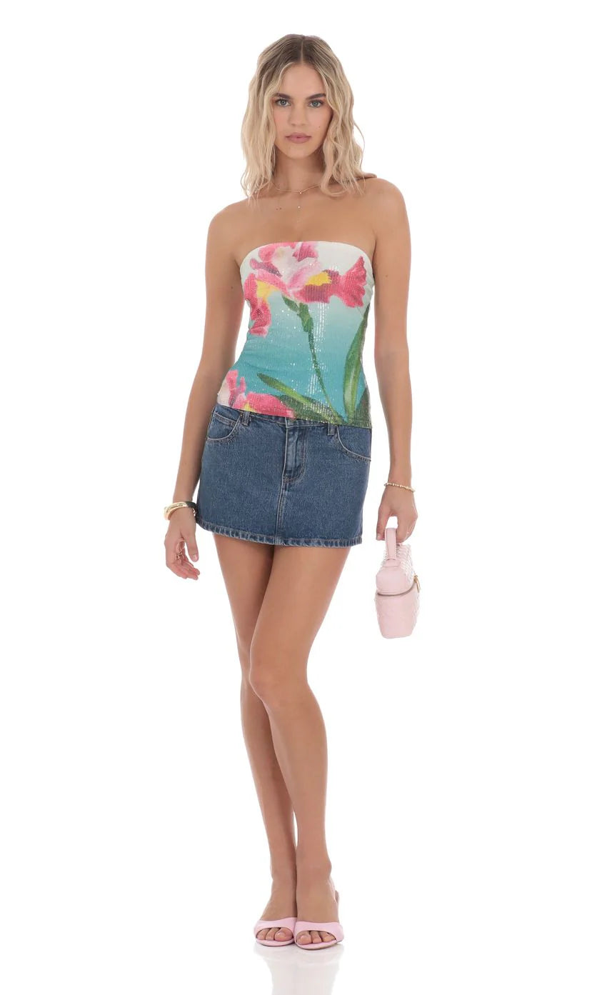 Floral Sequin Top in Tropical Print