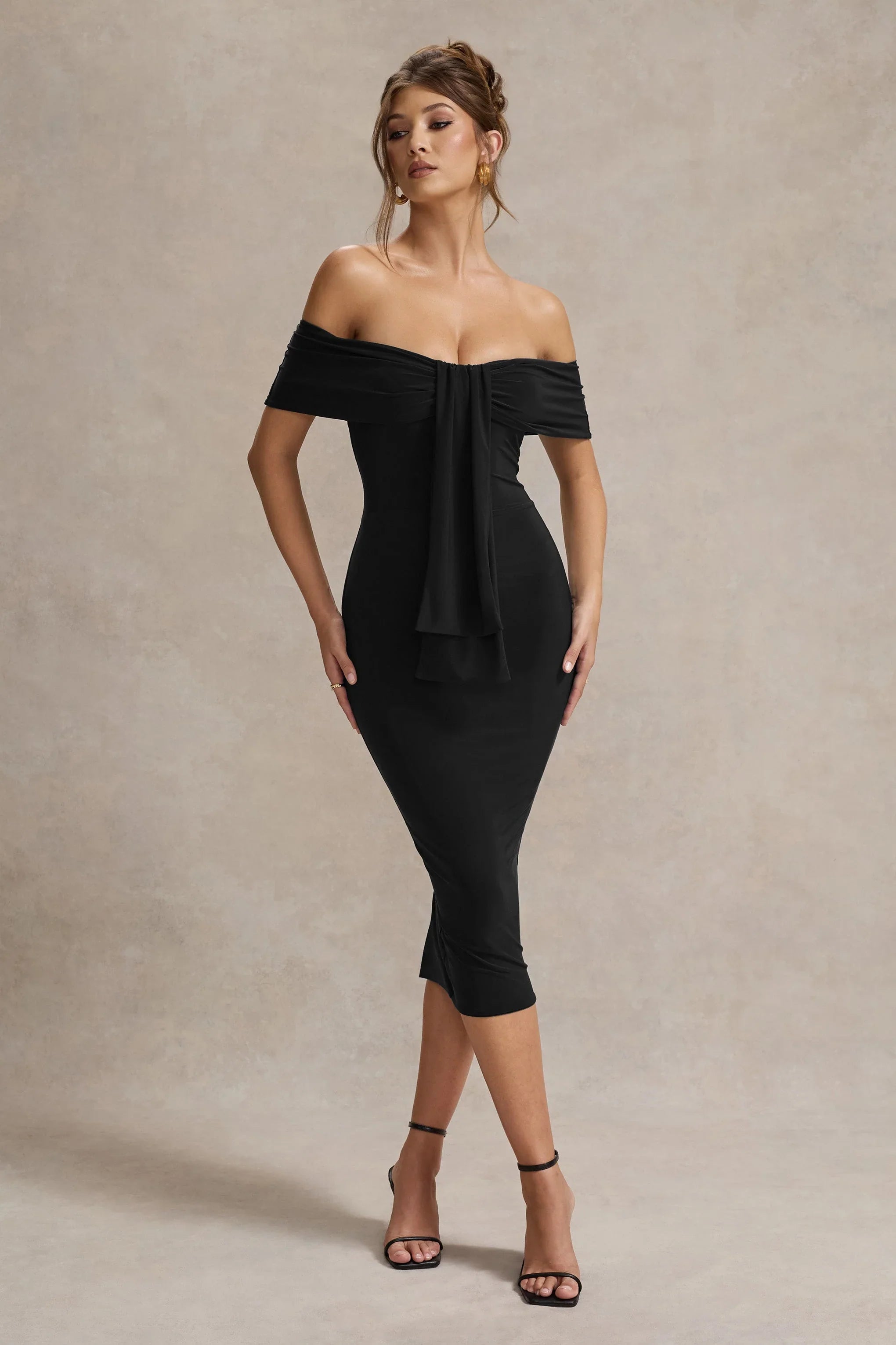 Selbie Black Bardot Midi Dress With Drape