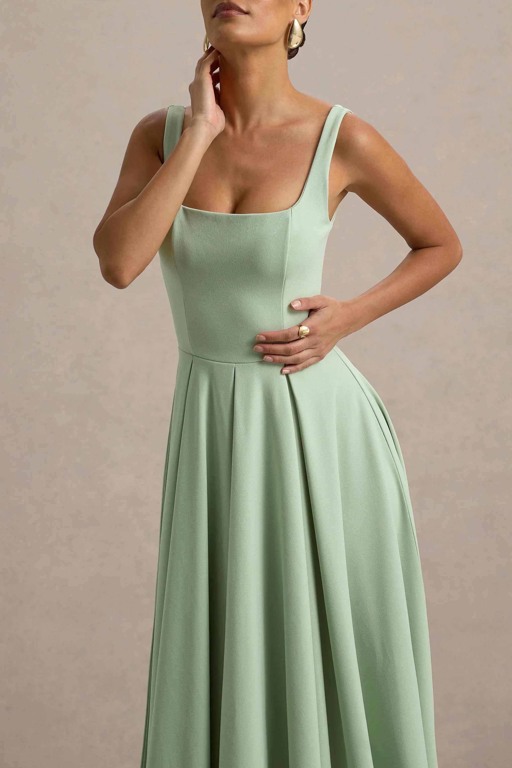 Parina Light Green Strappy Volume Hem Midi Dress