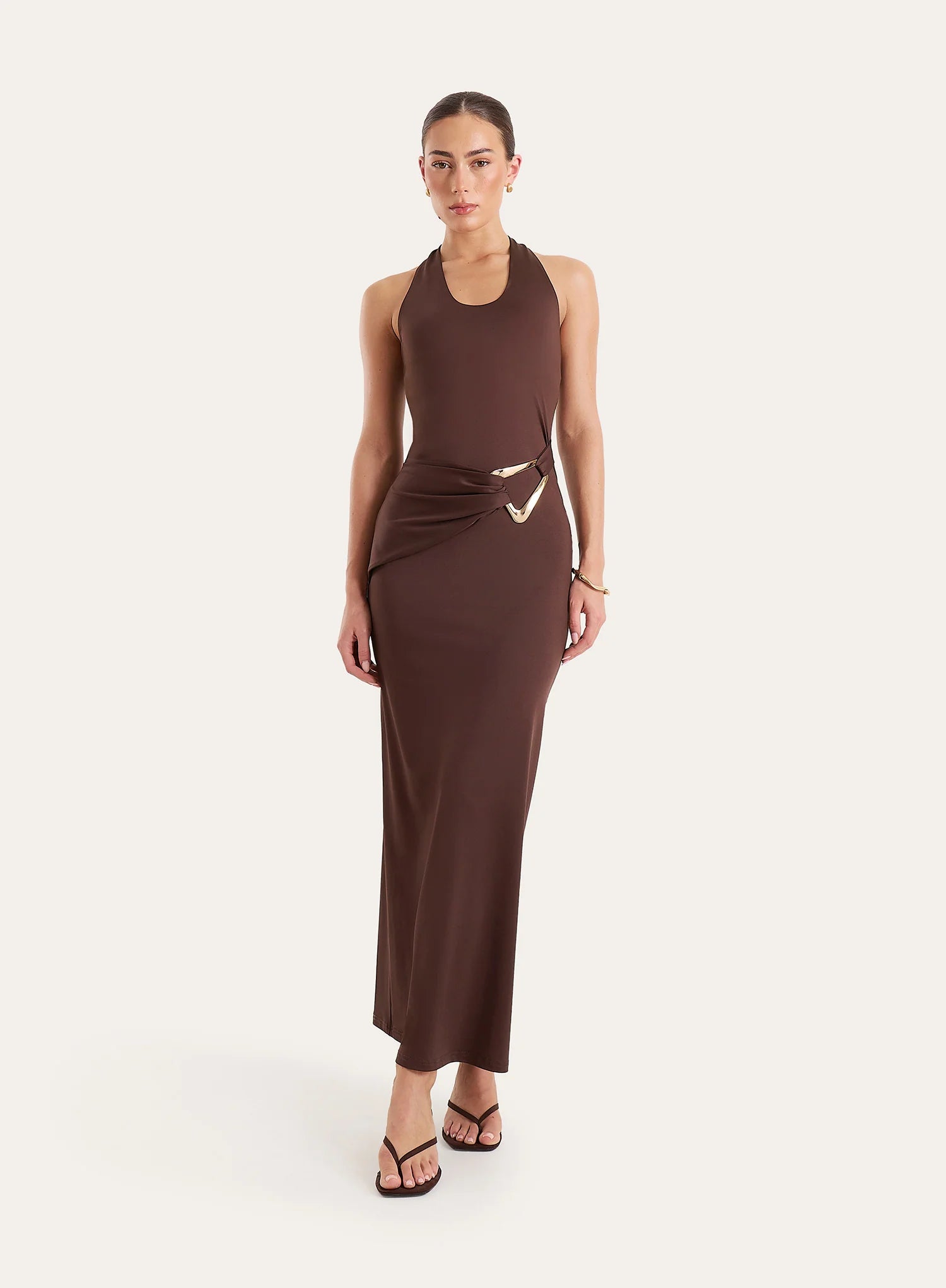 Chocolate Halterneck Jersey Hardware Belt Detail Maxi Dress