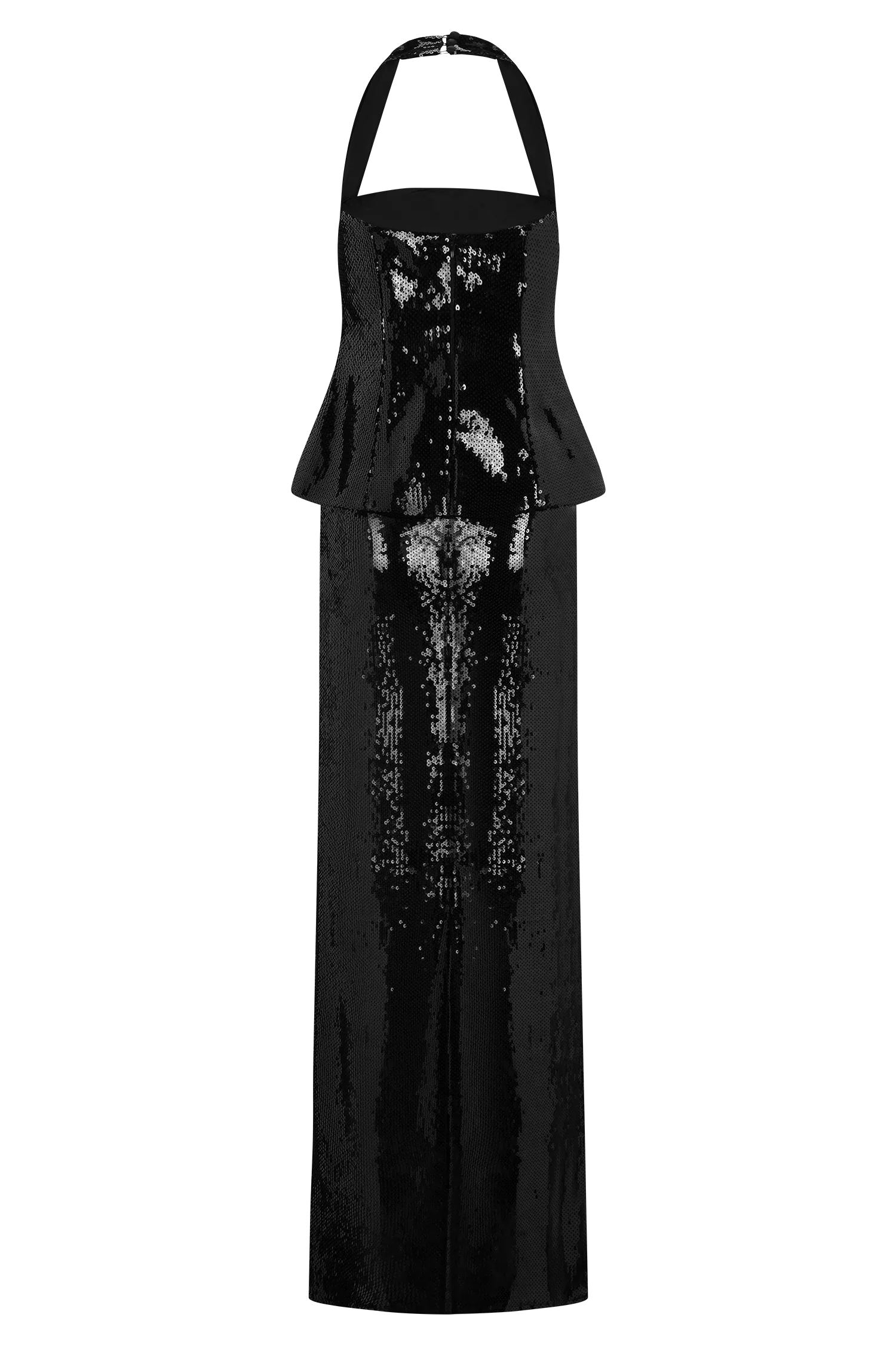 Bertie Sequin Peplum Halter Maxi Dress Black