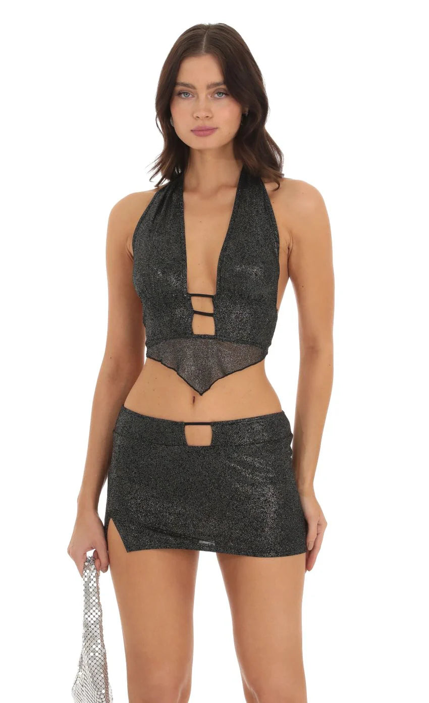 Shimmer Halter Two Piece Set in Black