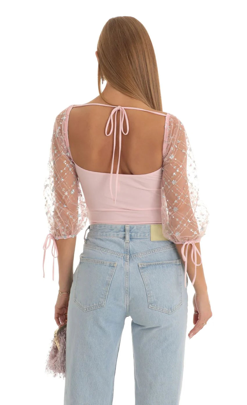 Sequin Puff Sleeve Bodysuit in Pink