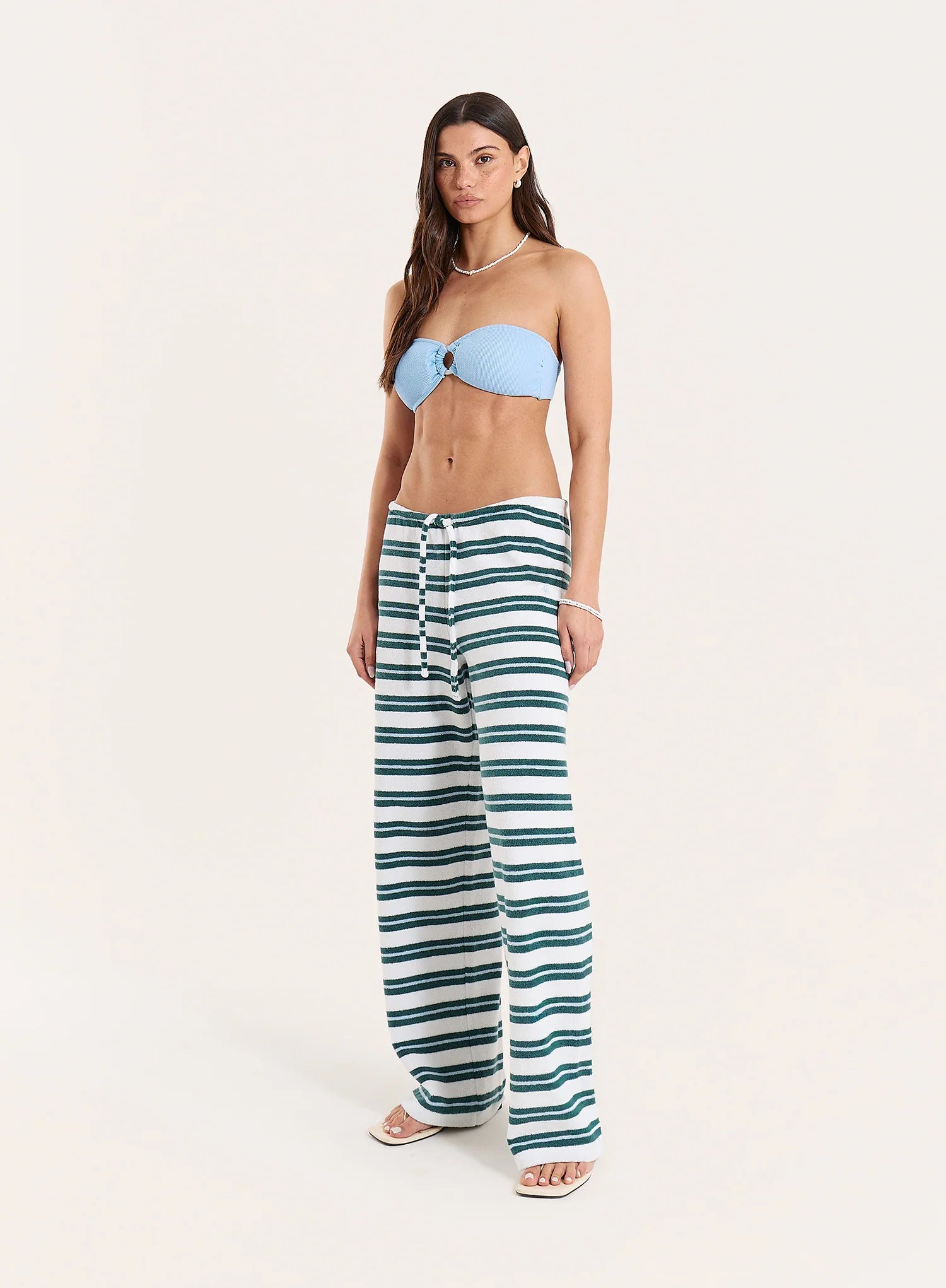 Green And White Striped Towelling Straight Leg Trousers