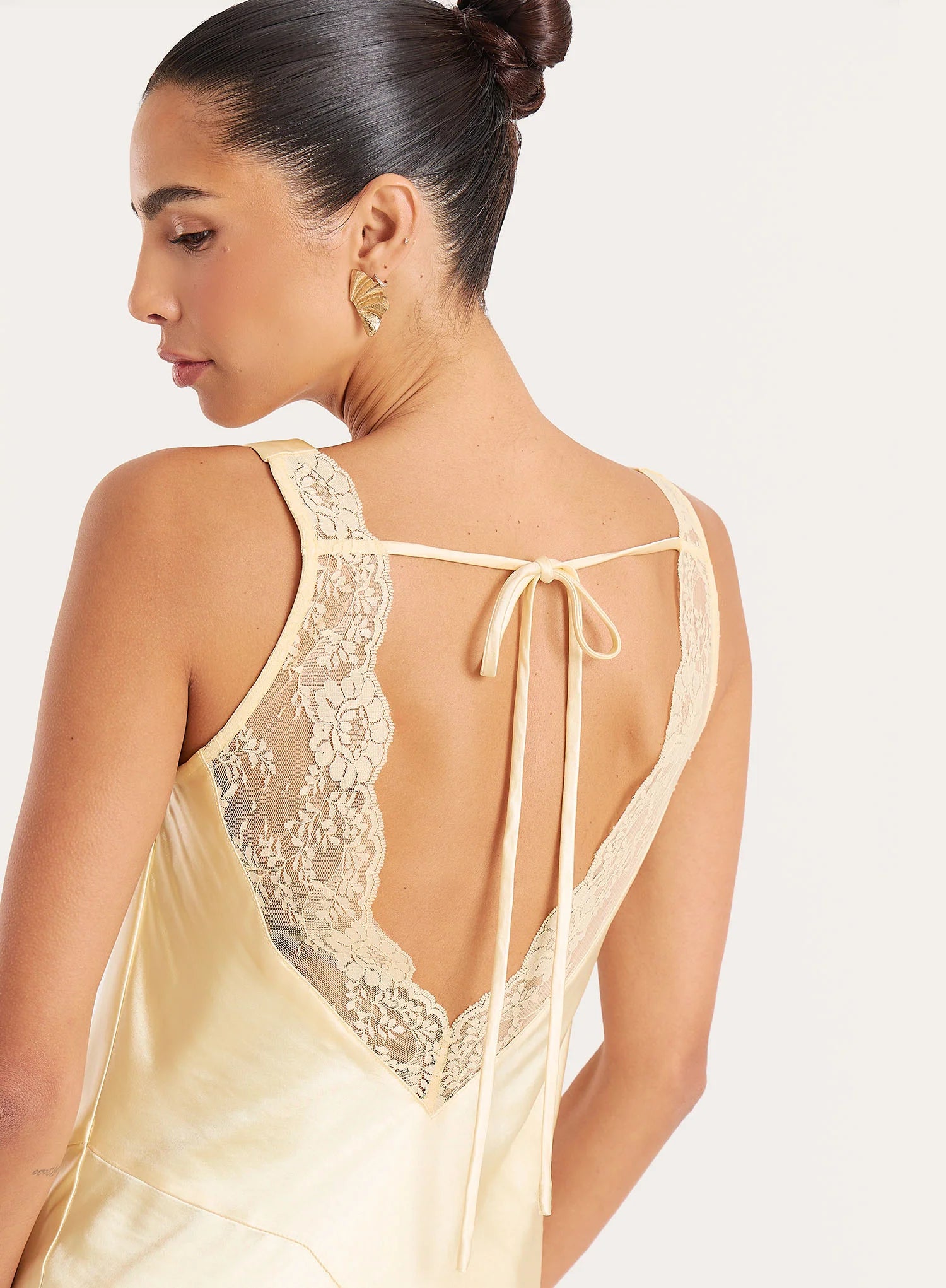 Yellow Satin Backless Lace Trim Maxi Dress