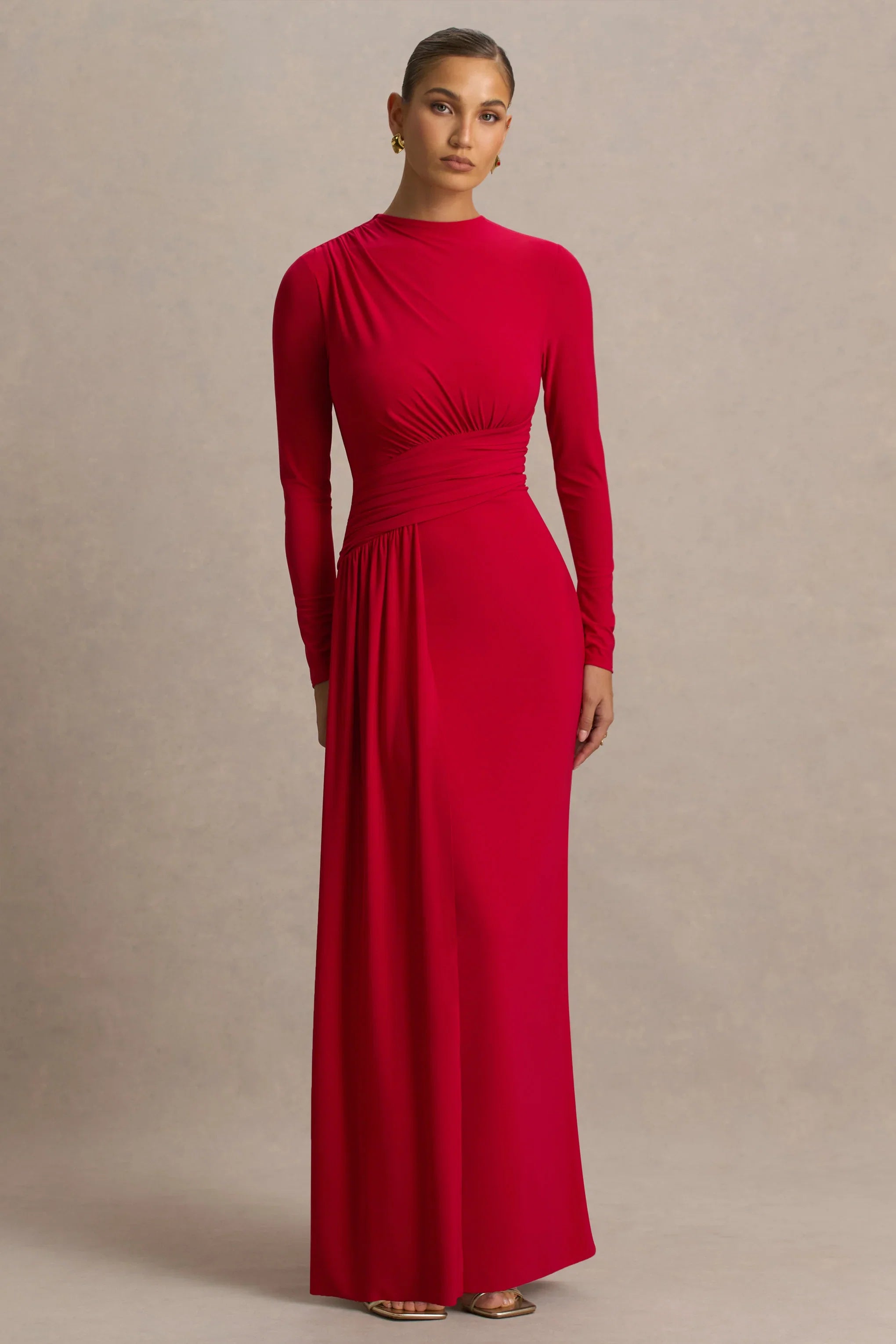 Virelle Red Boat Neck Maxi Dress With Wrap Detail And Sash