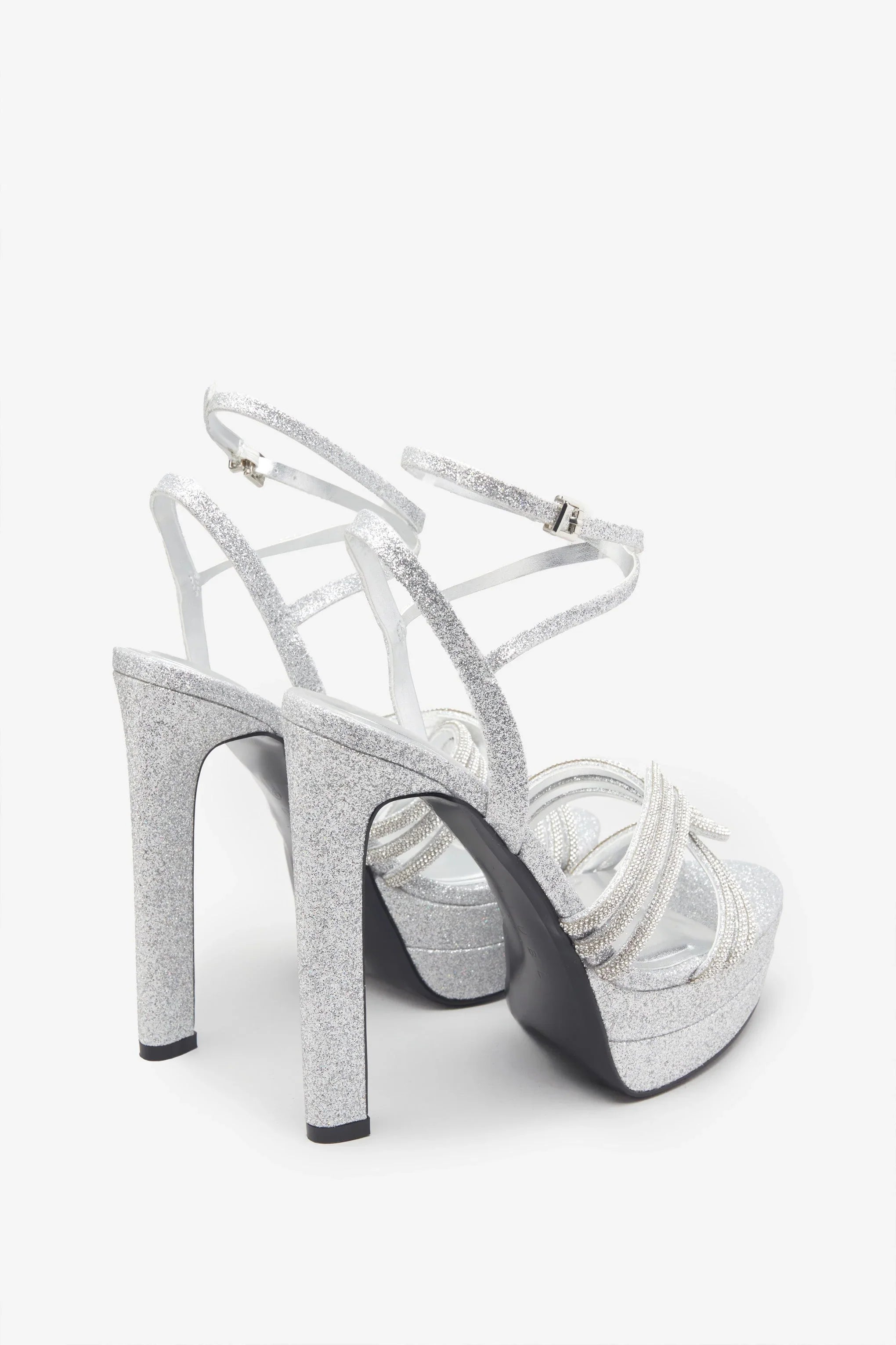 Doll Drama Silver Glitter Diamante Strappy Platform Heels