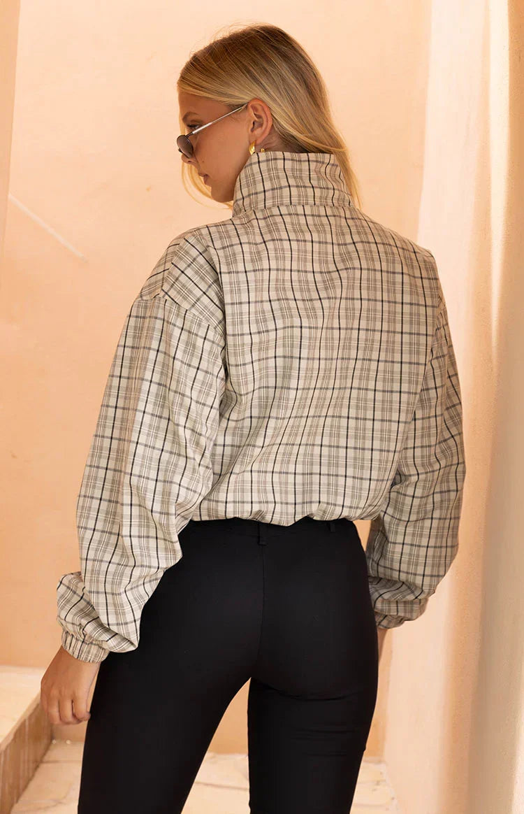 Lee Beige Plaid Funnel Neck Jacket PRE ORDER