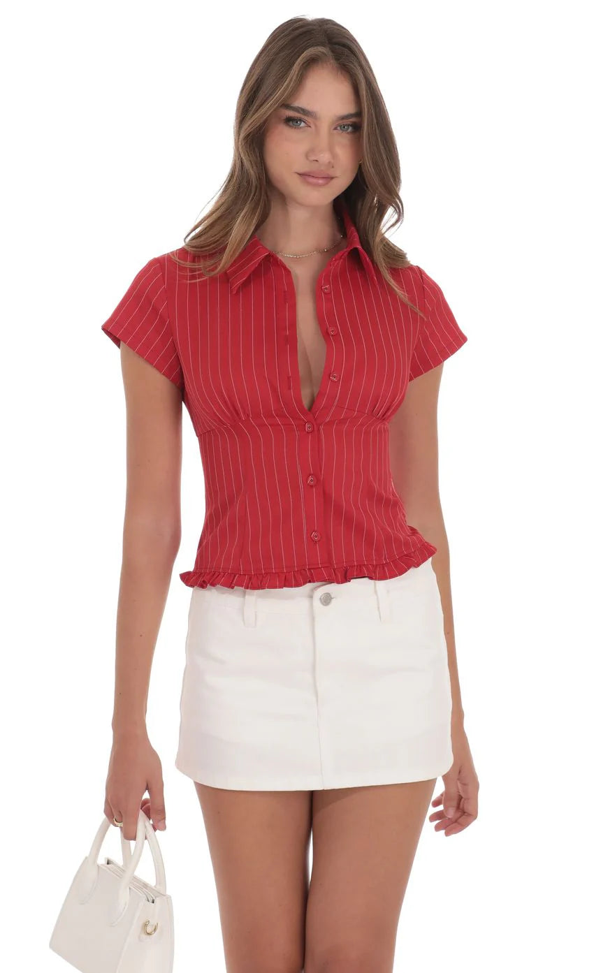 PinStripe Button Up Ruffle Top in Red