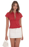 PinStripe Button Up Ruffle Top in Red