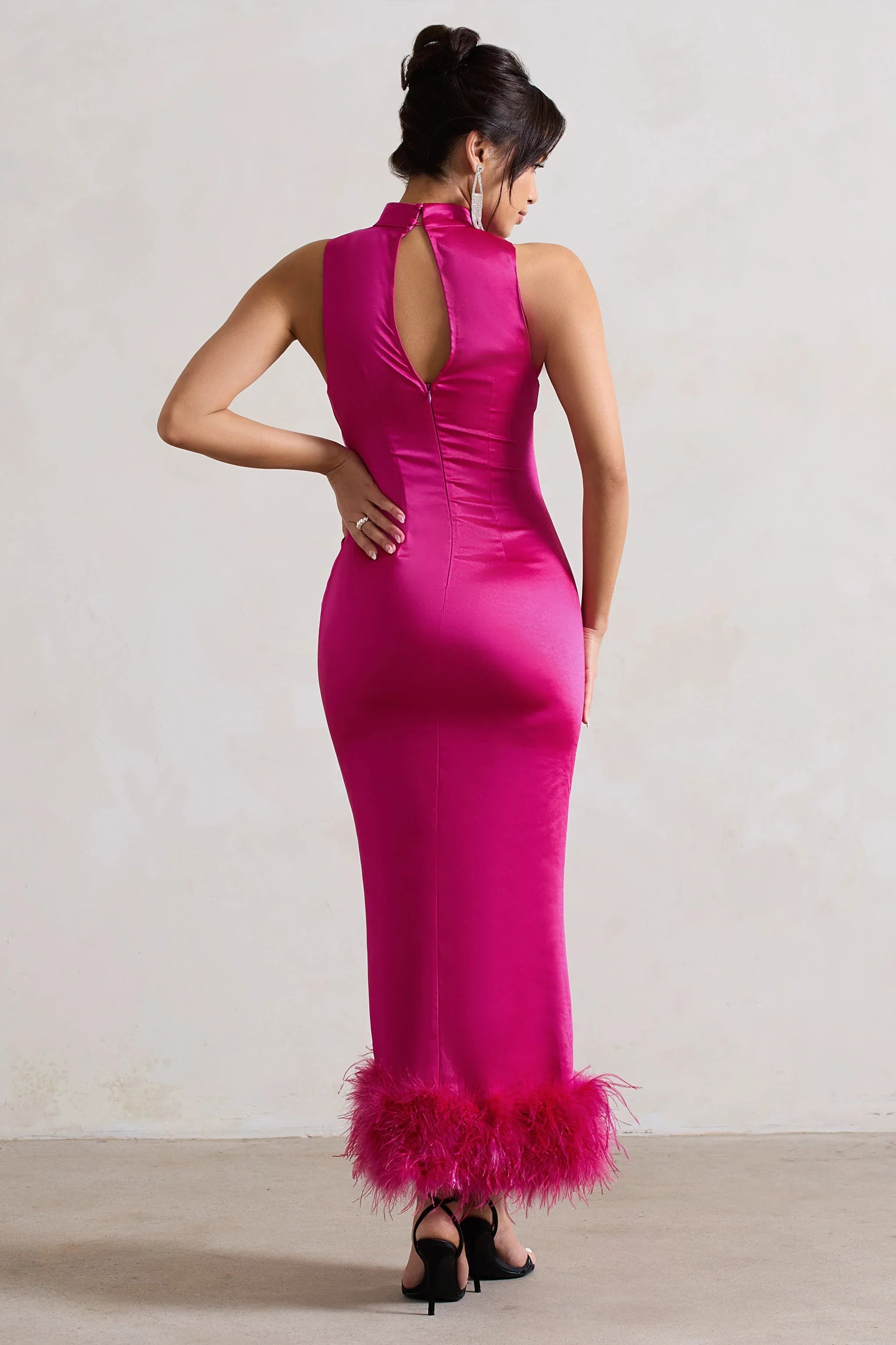 Zoe Dark Pink Satin Twist Split Maxi Dress With Feather Trim