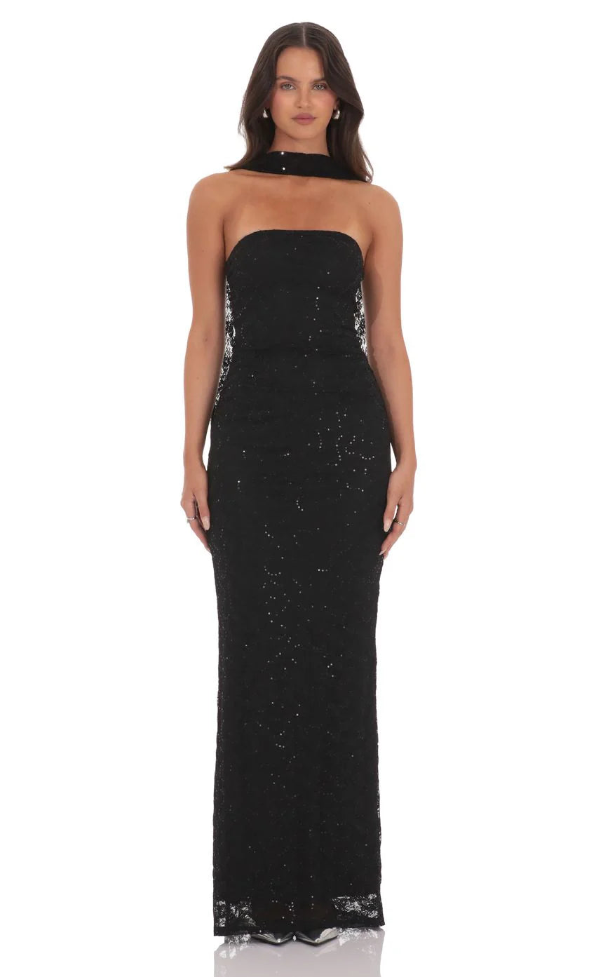 Sequin Scarf Lace Maxi Dress in Black