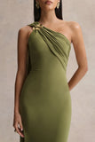 Mandy Olive Asymmetric Neck Maxi Dress With Gold Detail