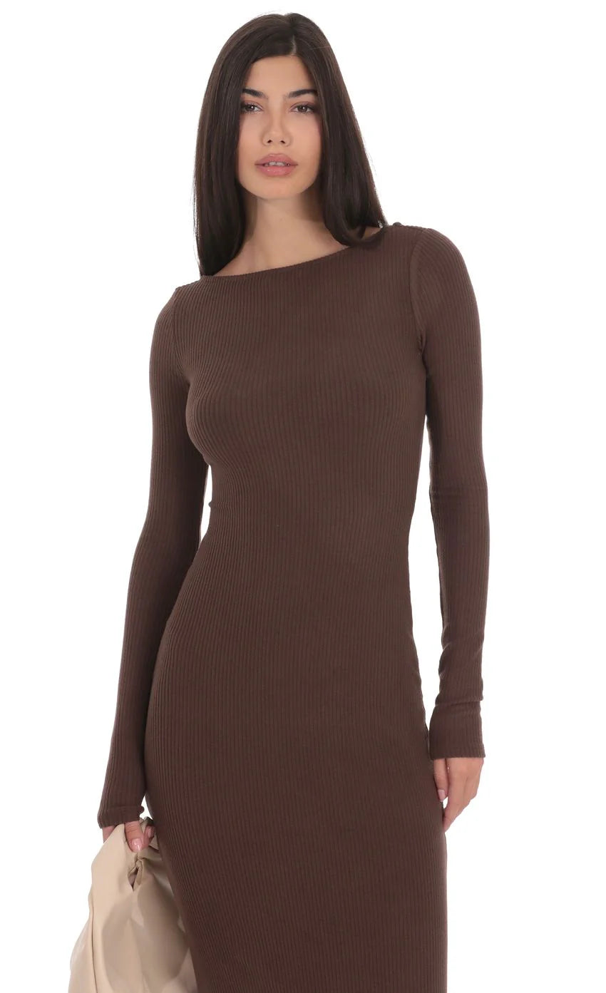 Ribbed Open Back Maxi Dress in Brown