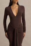 Saffie Chocolate Extreme Plunge Wrap Maxi Dress With Long Sleeves And Ruched Detailing