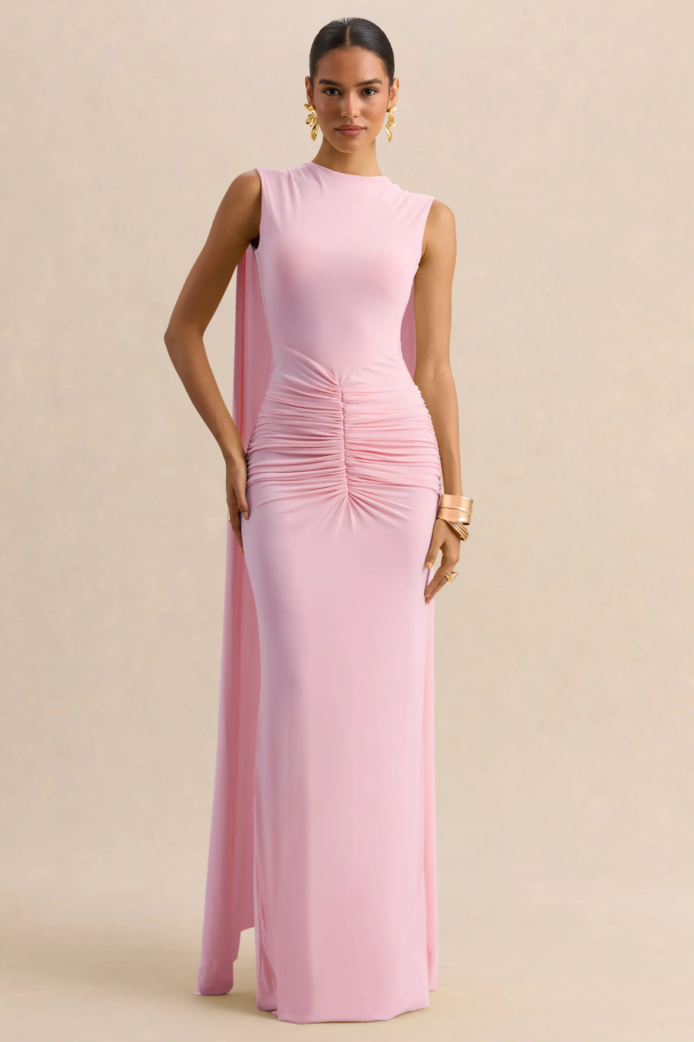 Premiere Light Pink Boat Neck Maxi Dress With Cape Sleeves And Open Back
