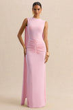 Premiere Light Pink Boat Neck Maxi Dress With Cape Sleeves And Open Back