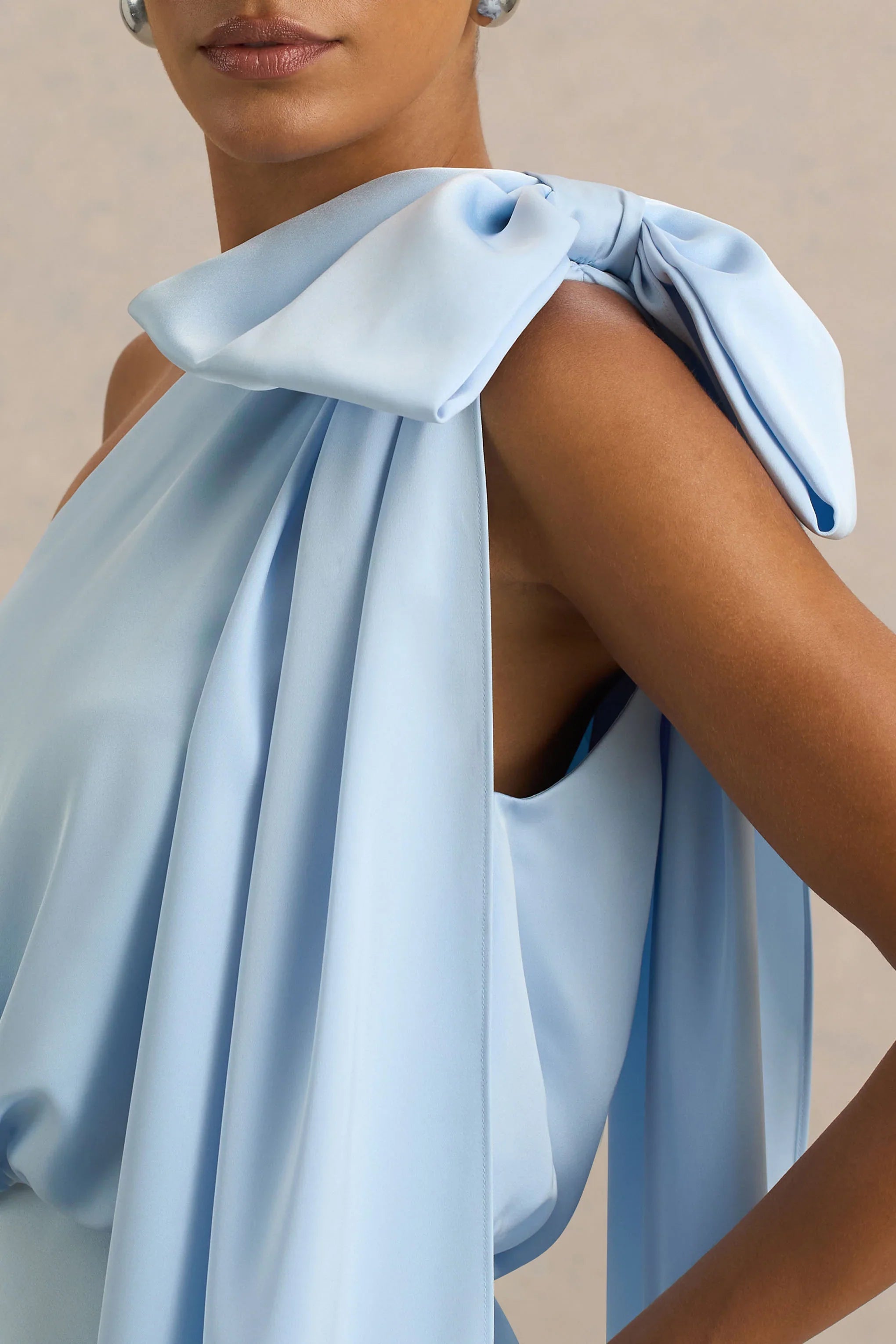 Celestia Powder Blue Satin Asymmetric Neck Midi Dress With Cape Detail