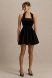 Mirage Black Velvet Halter Neck Mini Dress With Skater Skirt