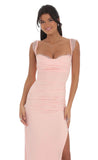 Suede Draped Lace Maxi Dress in Pink