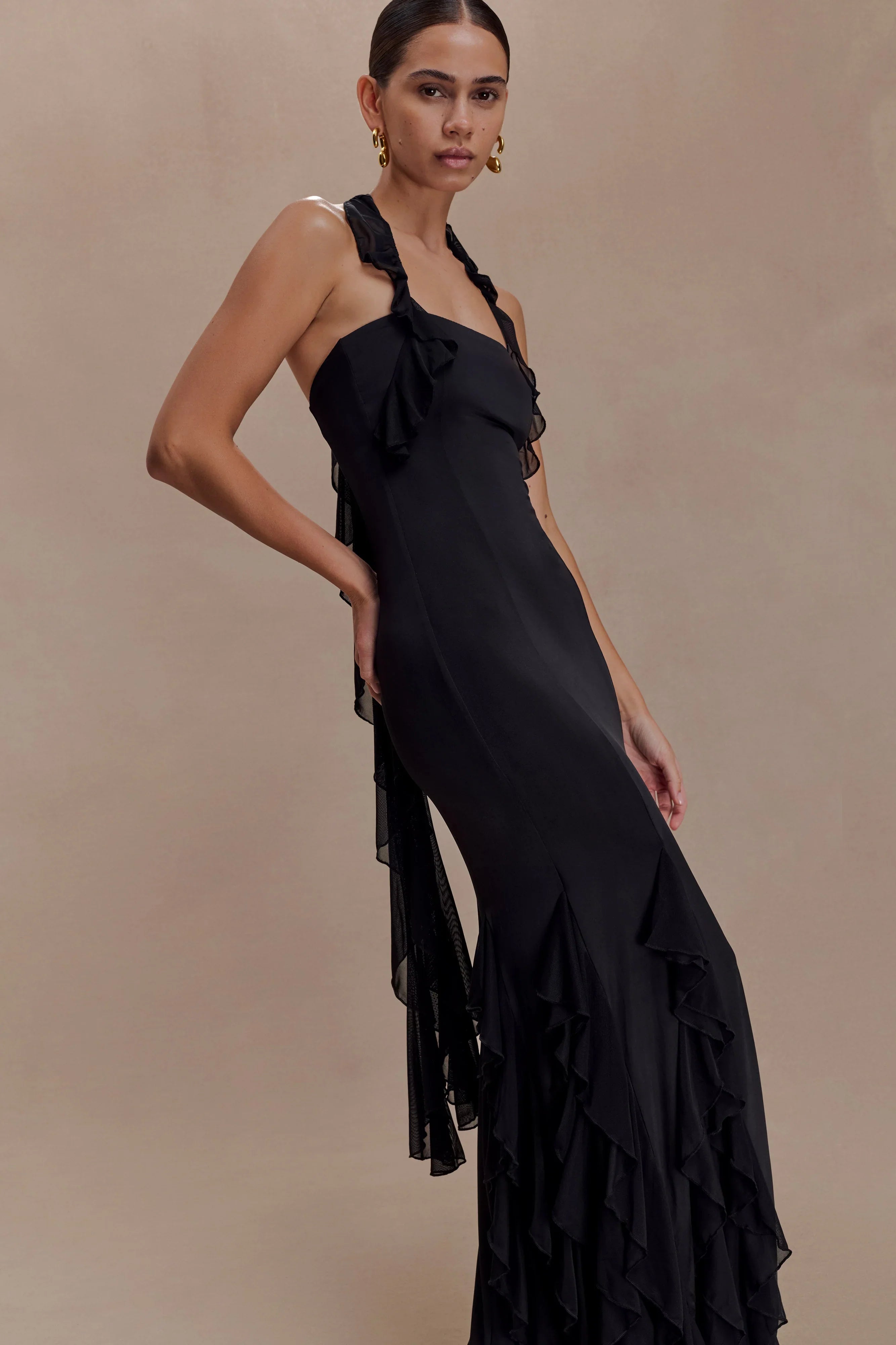 Etta Ruffle Slinky Maxi Dress Black
