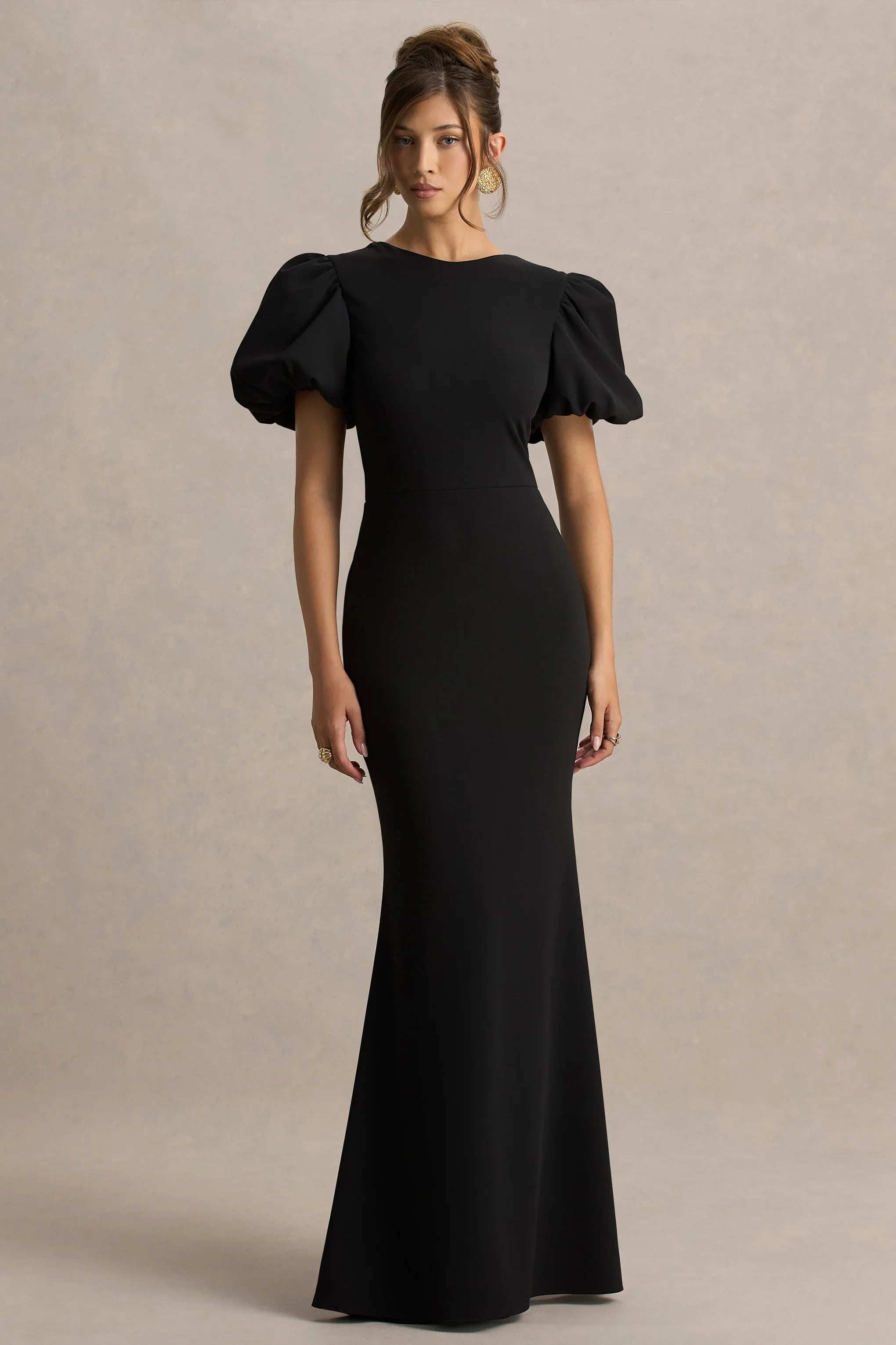 Carolina Black Puff Sleeve Maxi Dress With White Bow Detail