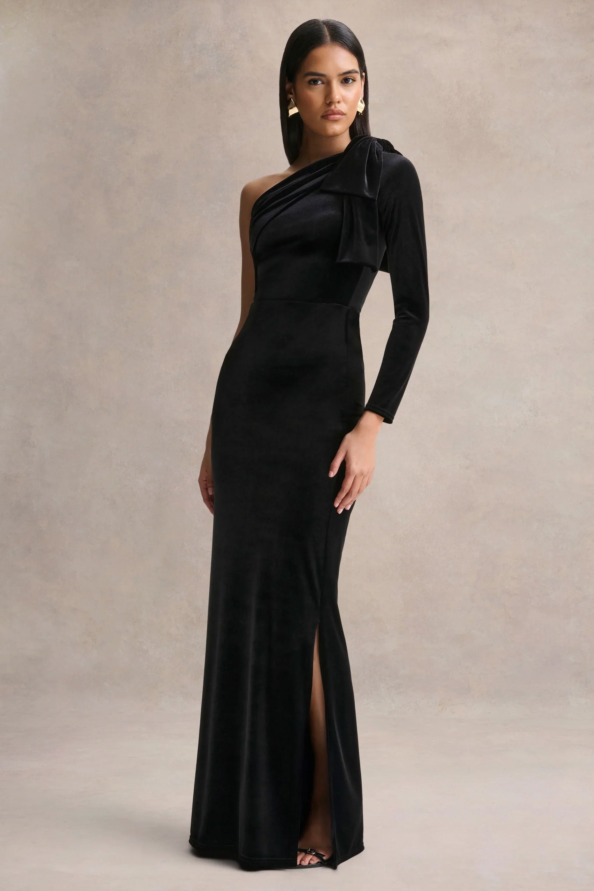 Farryn Black Asymmetric Neck Maxi Dress With Bow Detail