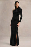 Farryn Black Asymmetric Neck Maxi Dress With Bow Detail