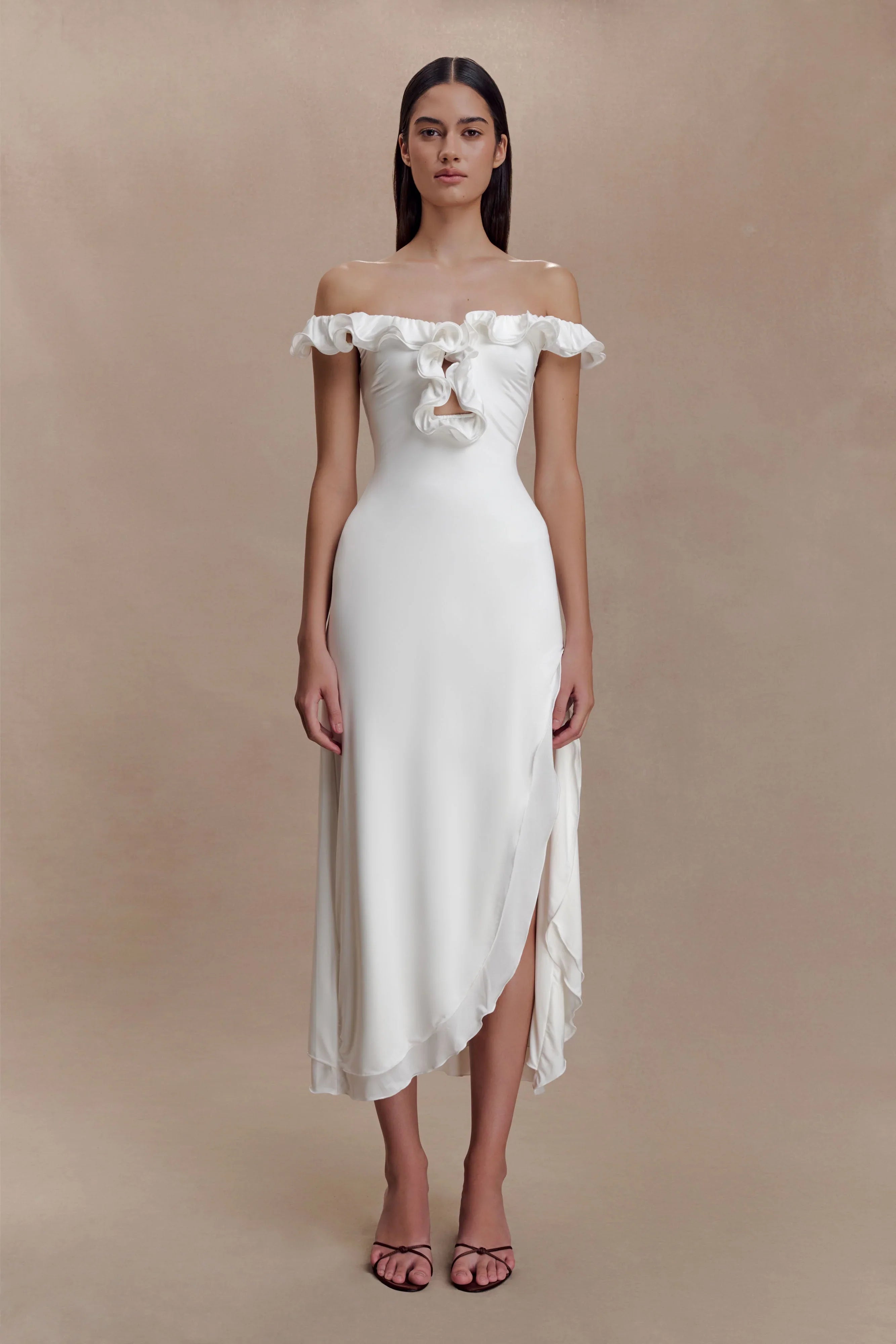 Allegra Off Shoulder Ruffle Midi Dress Ivory