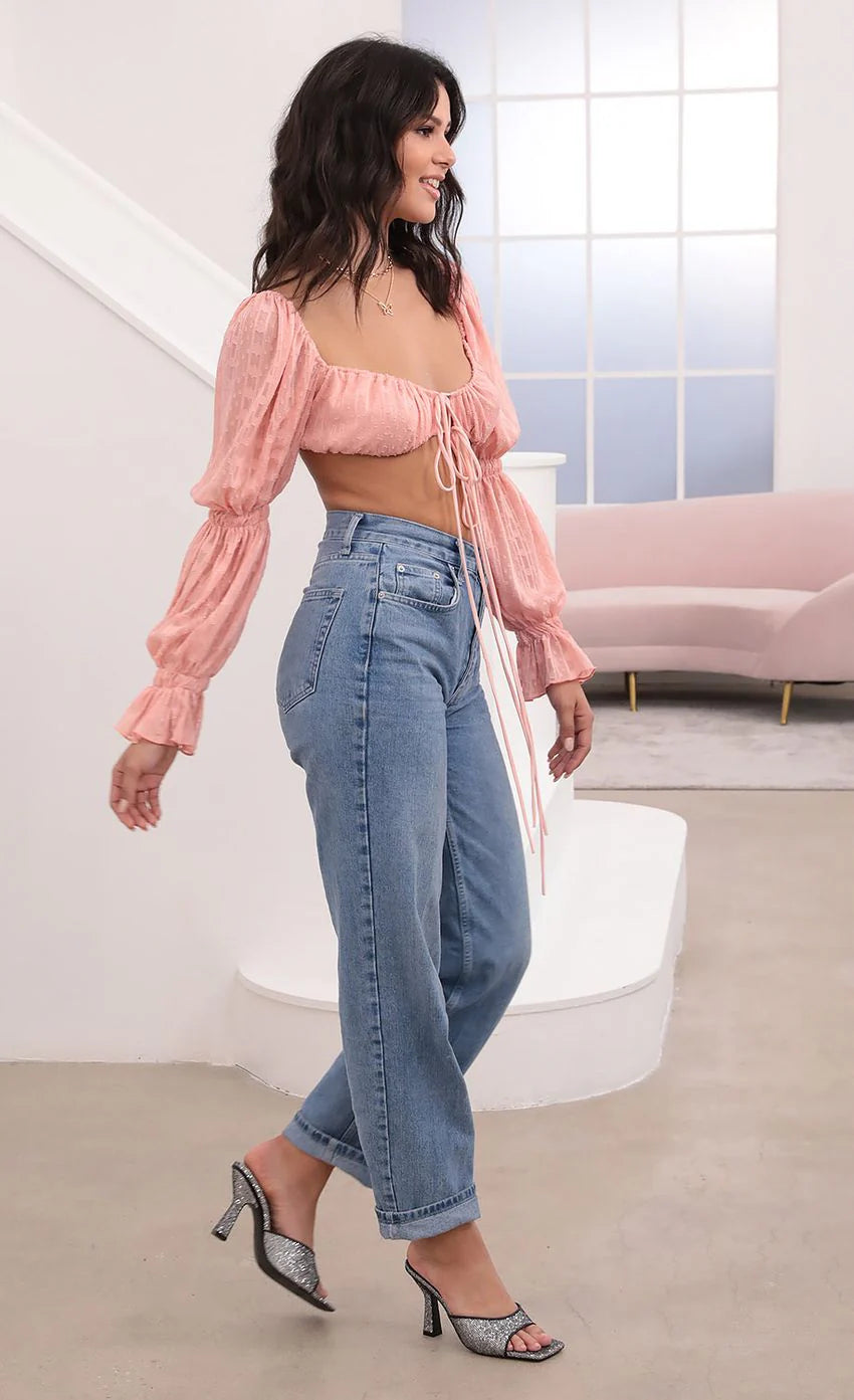 Sarah Puff Sleeve Front Tie Crop In Blush Chiffon Polka Dots