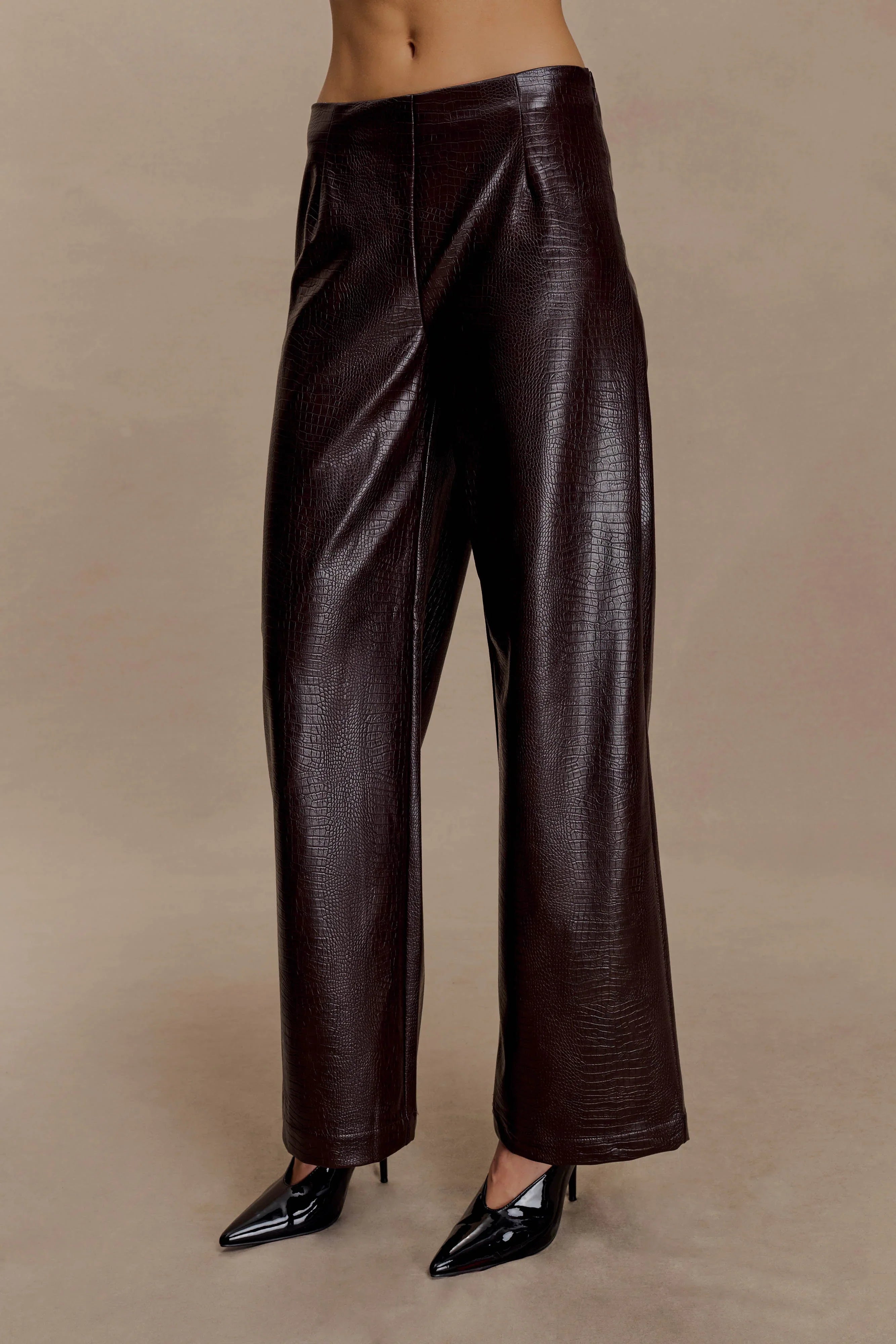 Henry Croc Faux Leather Straight Leg Pants Dark Chocolate