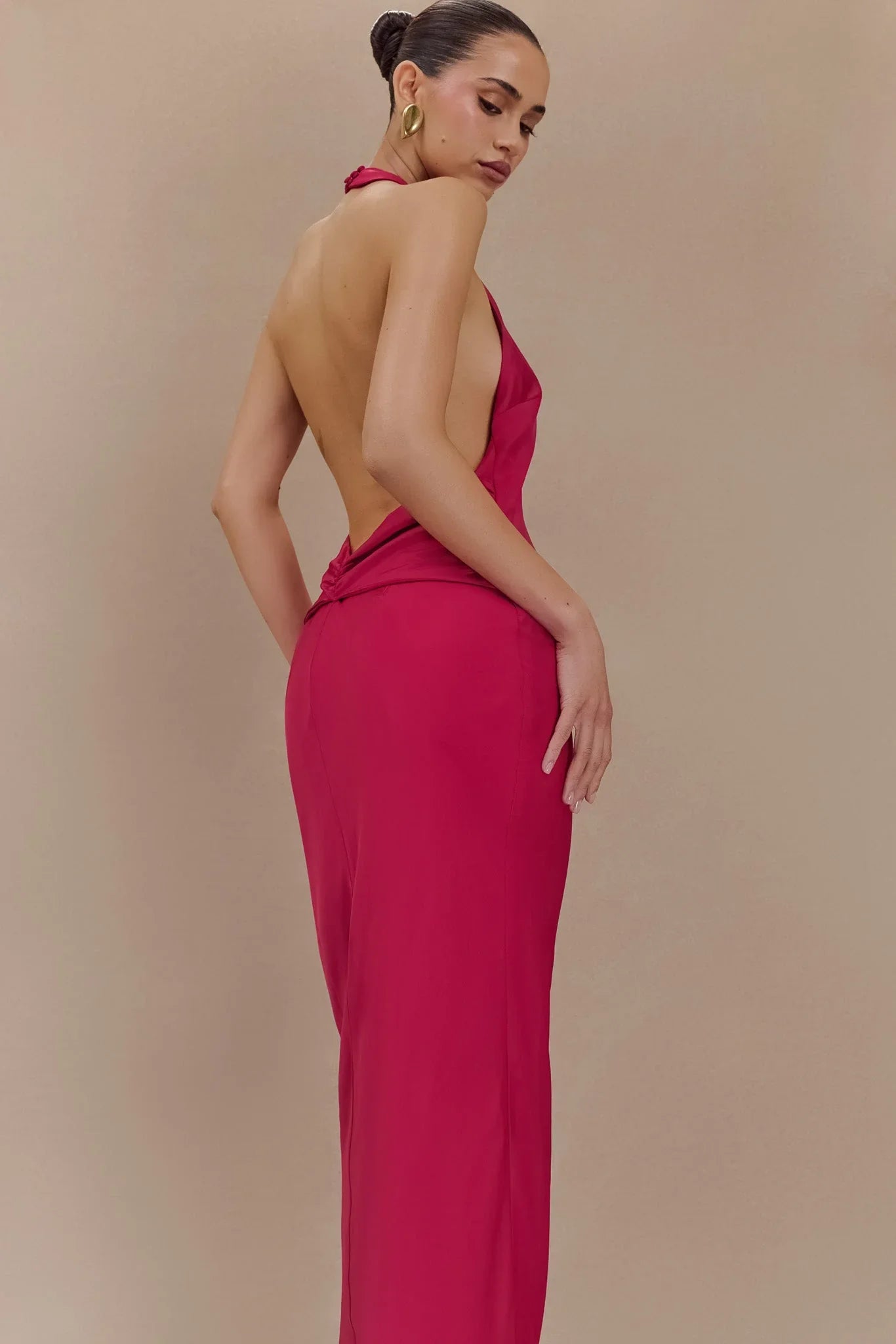 Rinna Satin Halter Maxi Dress Pink Cherry
