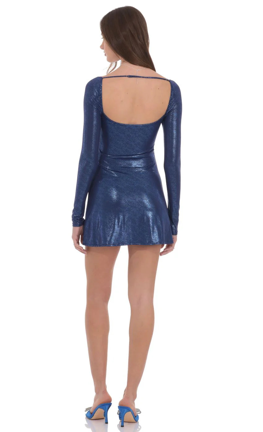 Embellished Foil Long Sleeve Dress in Blue
